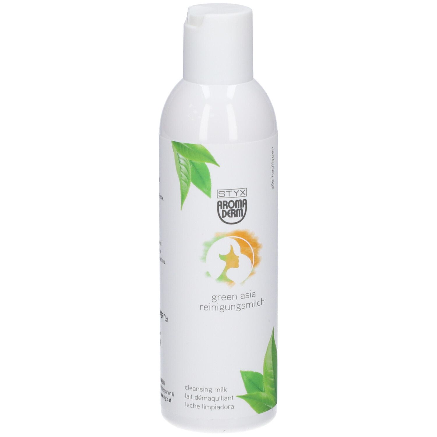 Flacon blanc STYX AROMADERM Green Asia Reinigungsmilch. Logo vert-orange, feuilles vertes. Bouchon en haut.