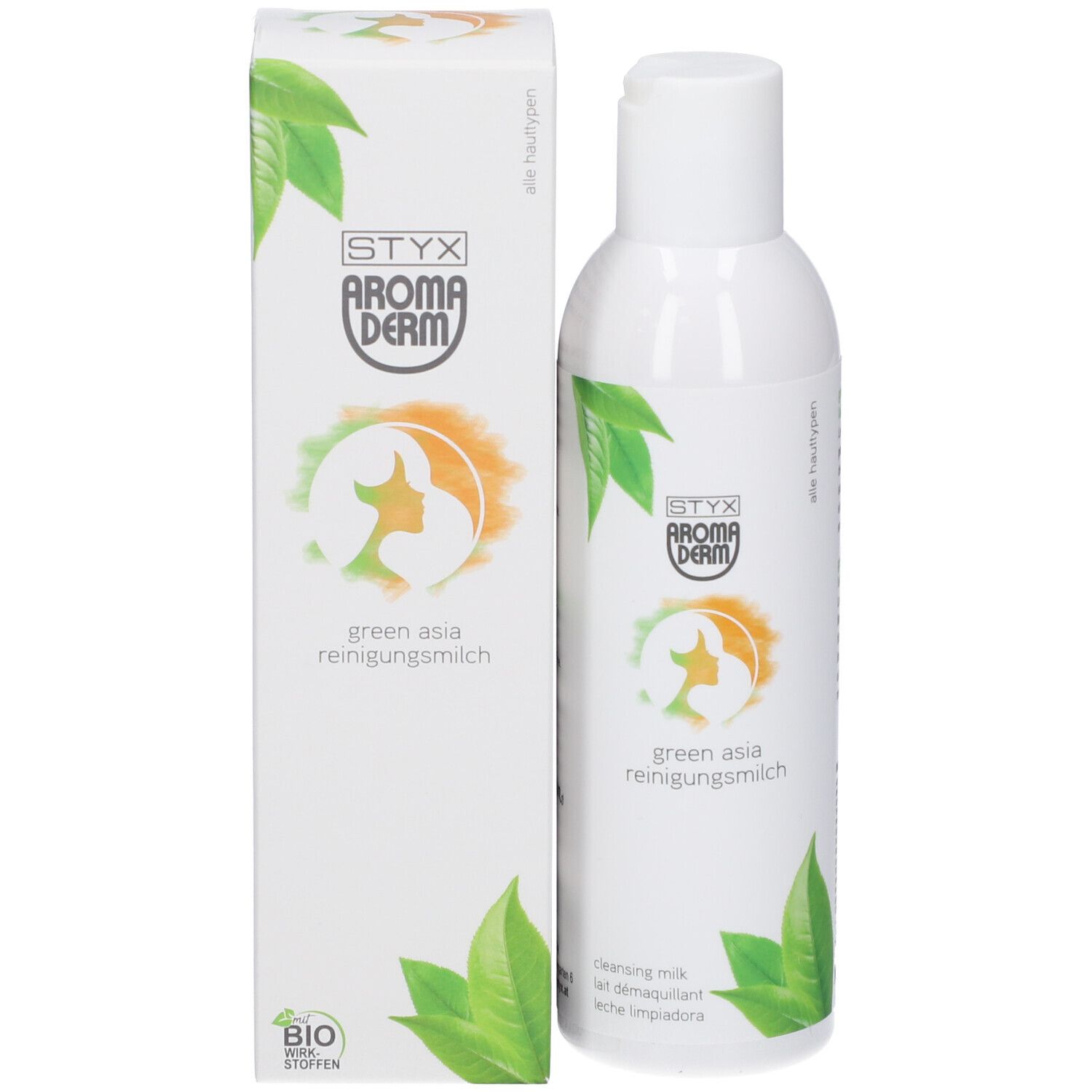 Flacon et boîte STYX AROMADERM Green Asia Reinigungsmilch. Logo vert-orange, feuilles vertes. Label bio.