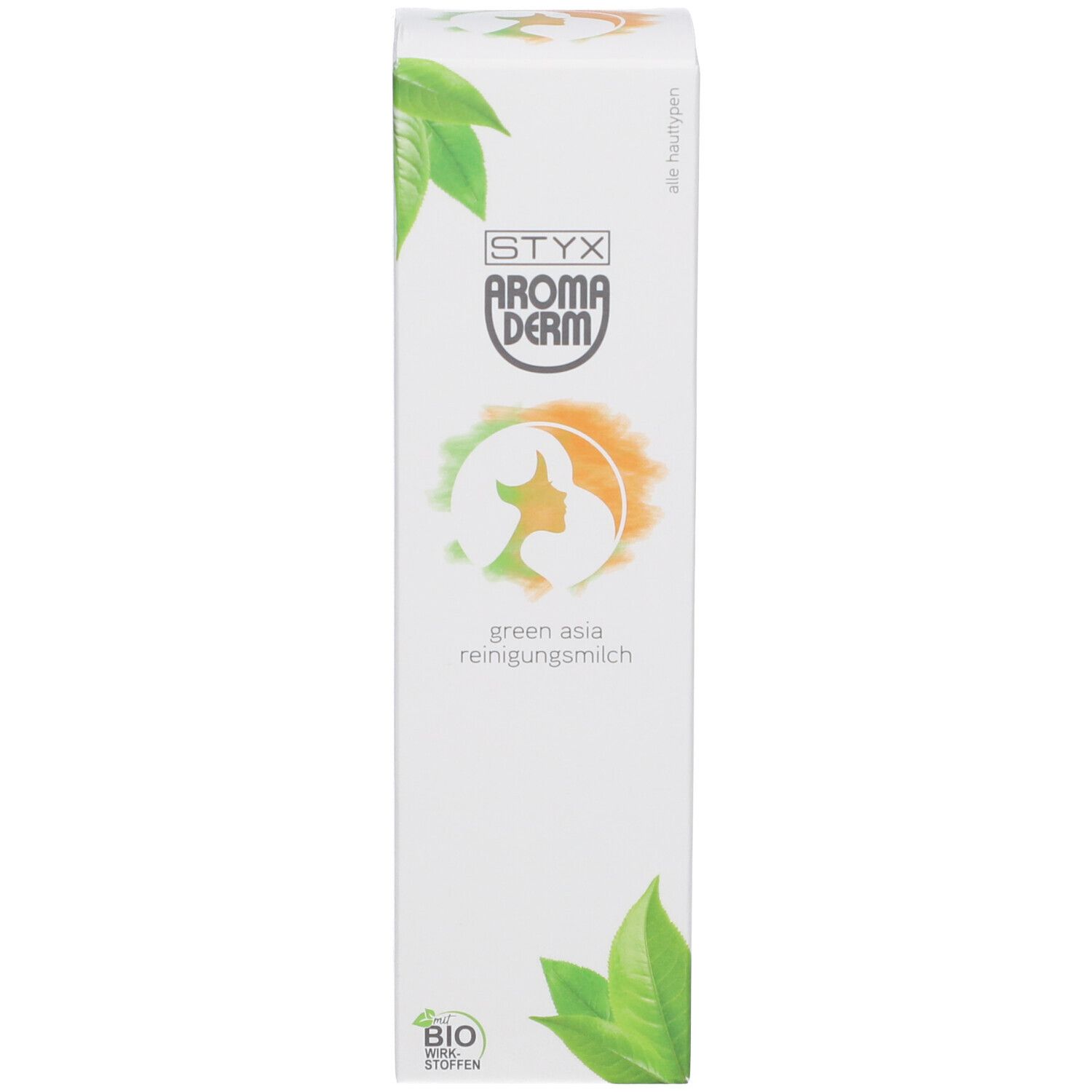 Boîte STYX AROMADERM Green Asia Reinigungsmilch. Logo vert-orange, feuilles vertes. Label bio.