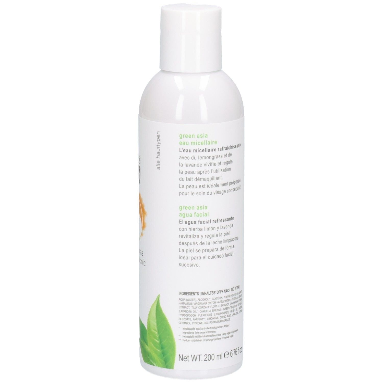 Dos du flacon blanc. Texte: green asia Gesichtstonic. Ingrédients, certifications, logo vegan.