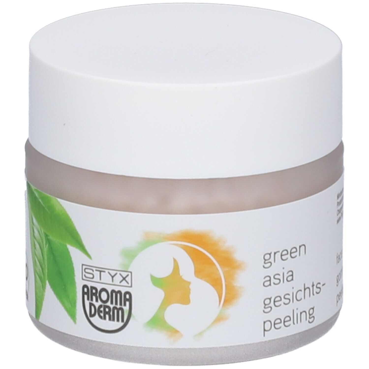 Pot de crème avec couvercle blanc. Étiquette avec feuilles vertes, silhouette de visage féminin et texte.