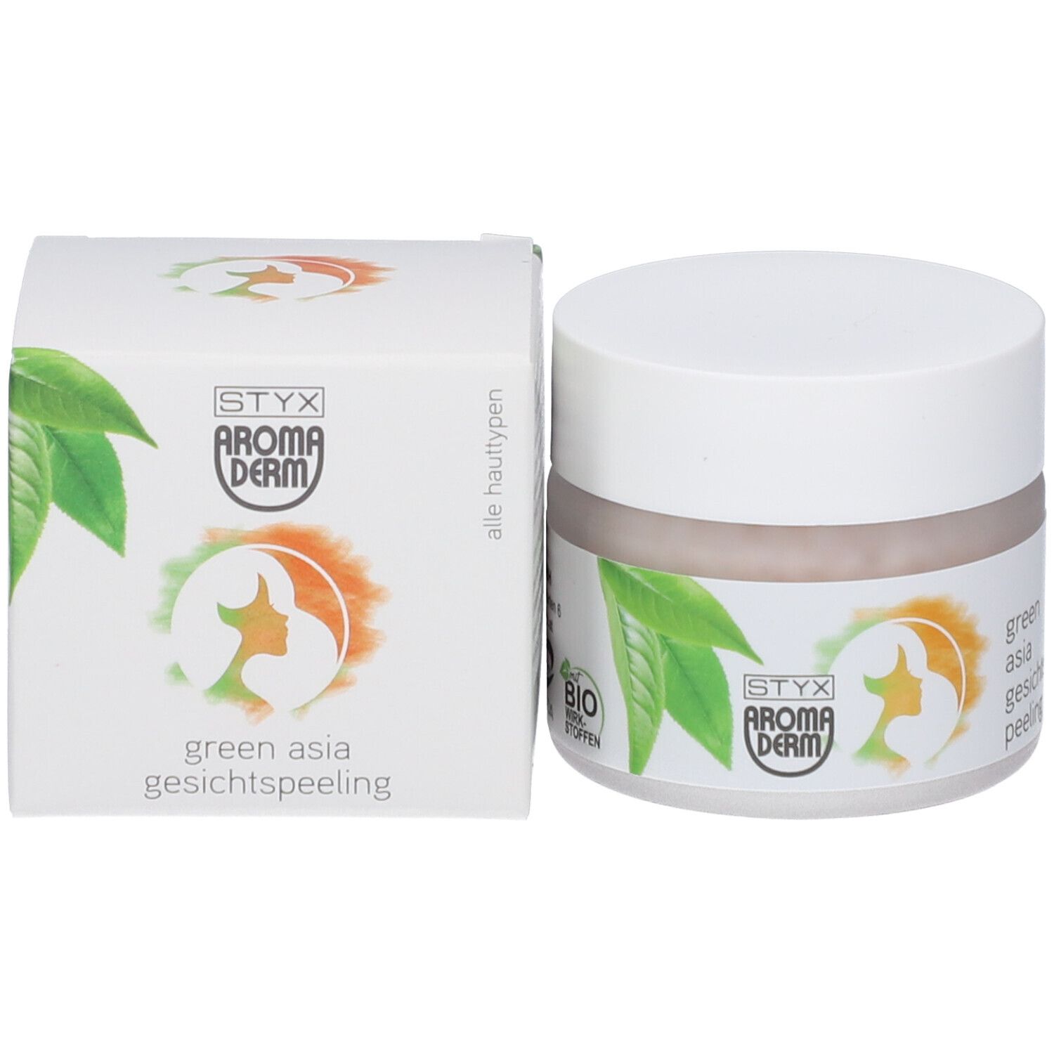 Pot de crème et boîte. Boîte avec logo, texte et feuilles vertes. Pot de crème avec couvercle blanc.