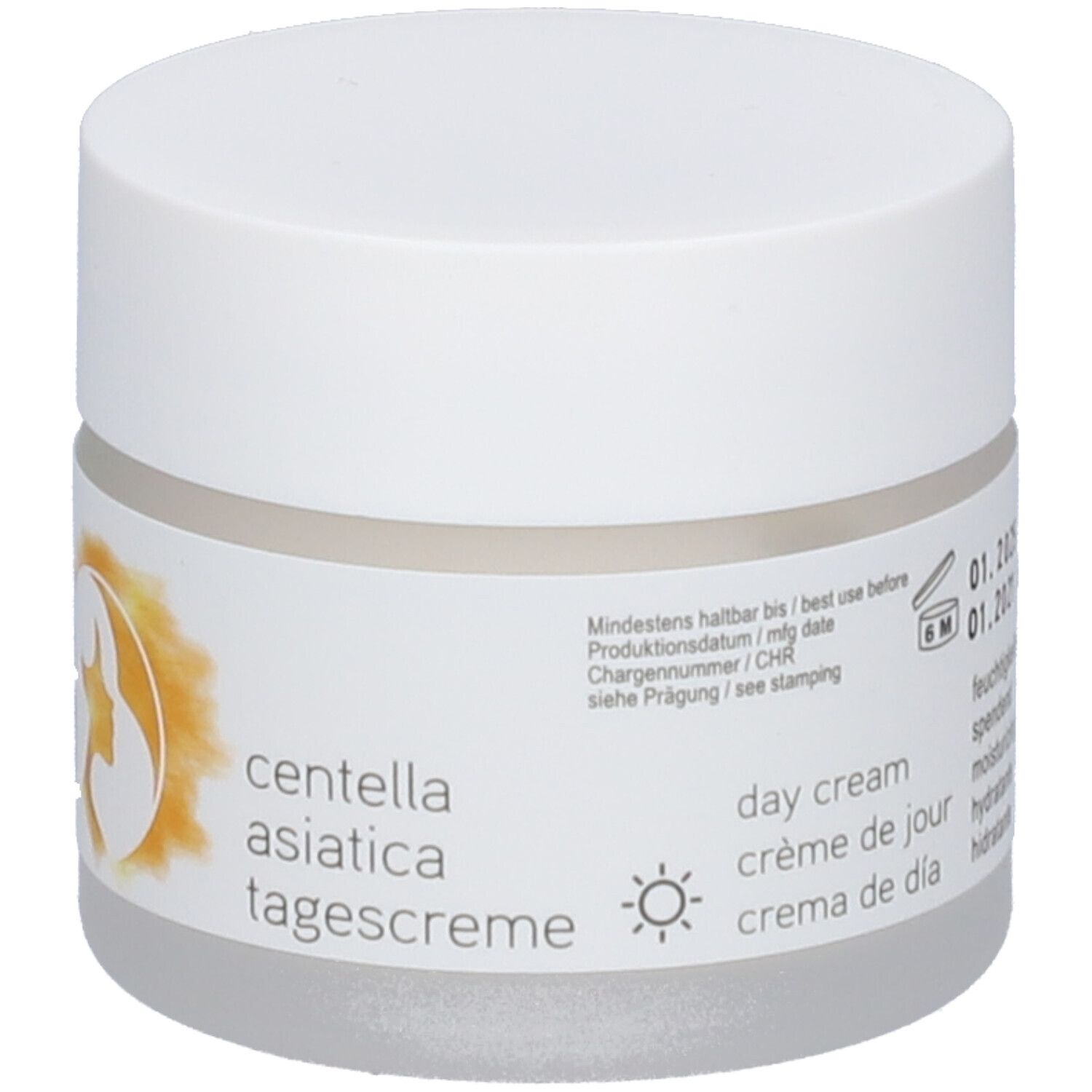 Pot de crème avec couvercle blanc. Étiquette avec texte: Centella Asiatica Tagescreme, Day cream. Symbole soleil. DLUO 01.2025.