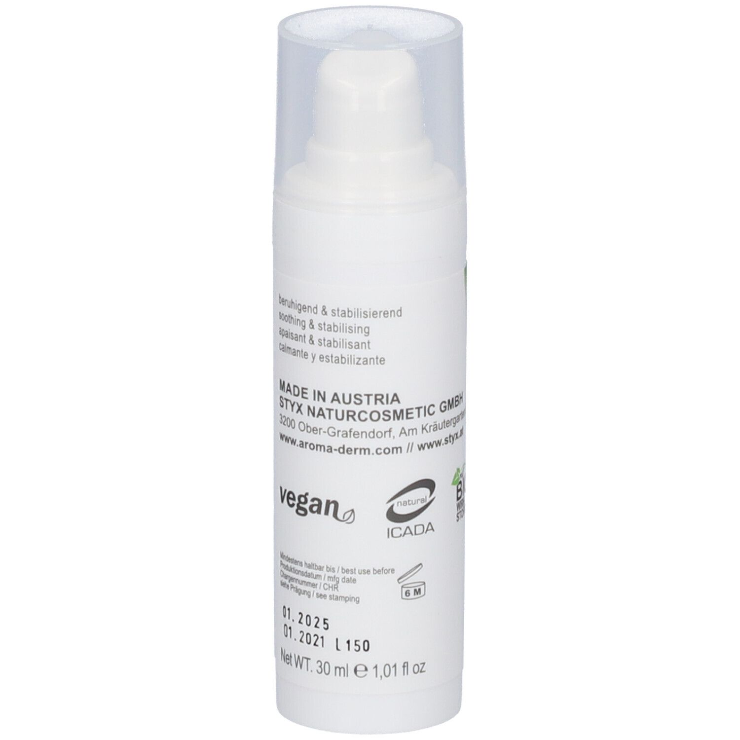Flacon blanc avec pompe et bouchon. Inscription : STYX, vegan, Fabriqué en Autriche. Texte : 30 ml, 1,01 fl oz. Durée de conservation.