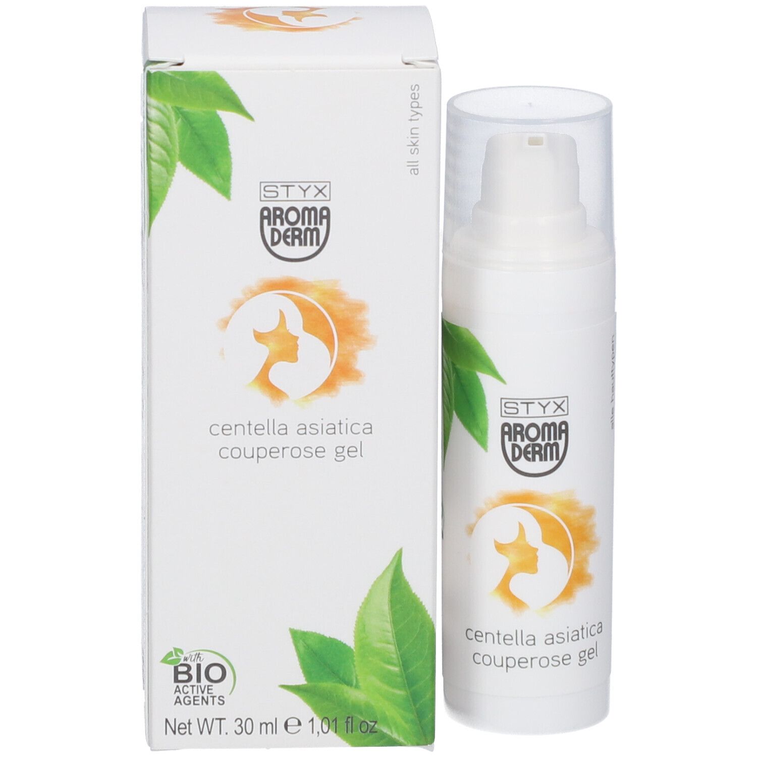 Emballage et flacon. Inscription : STYX AROMADERM, Centella asiatica Couperose Gel. Label BIO. 30 ml.