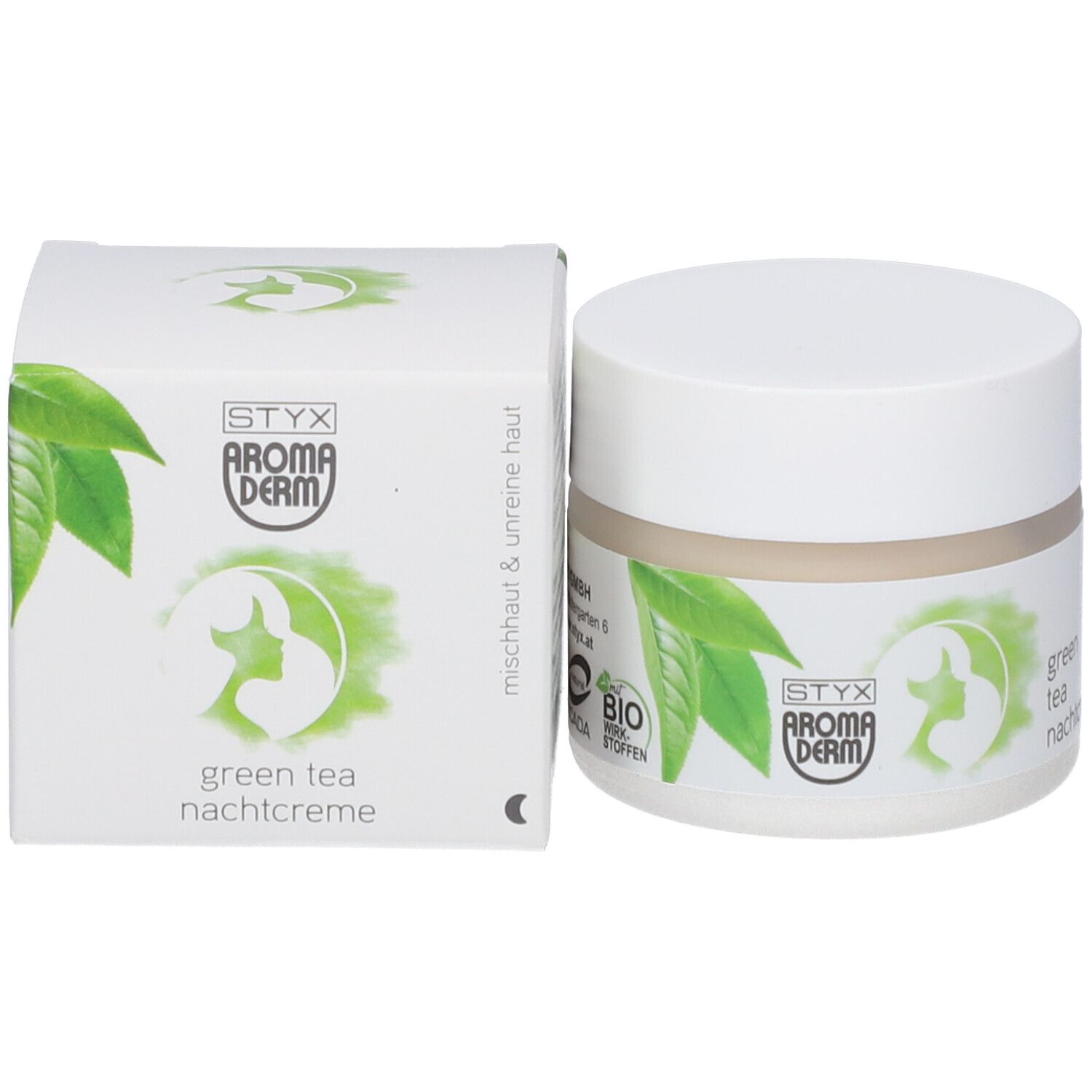 Pot de crème et boîte. Sur la boîte : STYX AROMADERM, crème de nuit au thé vert, label bio. Sur le pot : STYX AROMADERM.