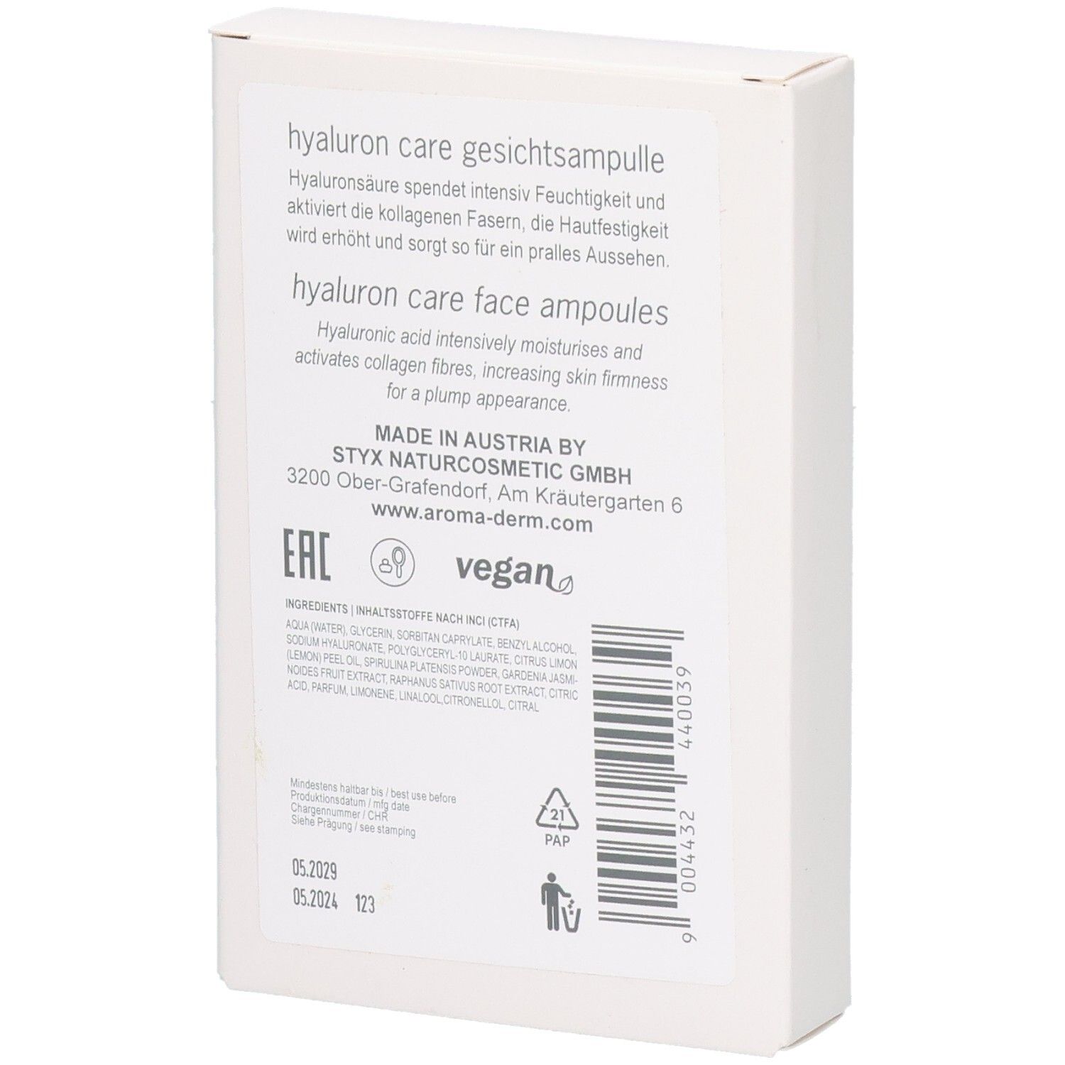 Dos de la boîte STYX AROMADERM Hyaluron Care Gesichtsampullen. Informations textuelles, ingrédients, logo et certifications.