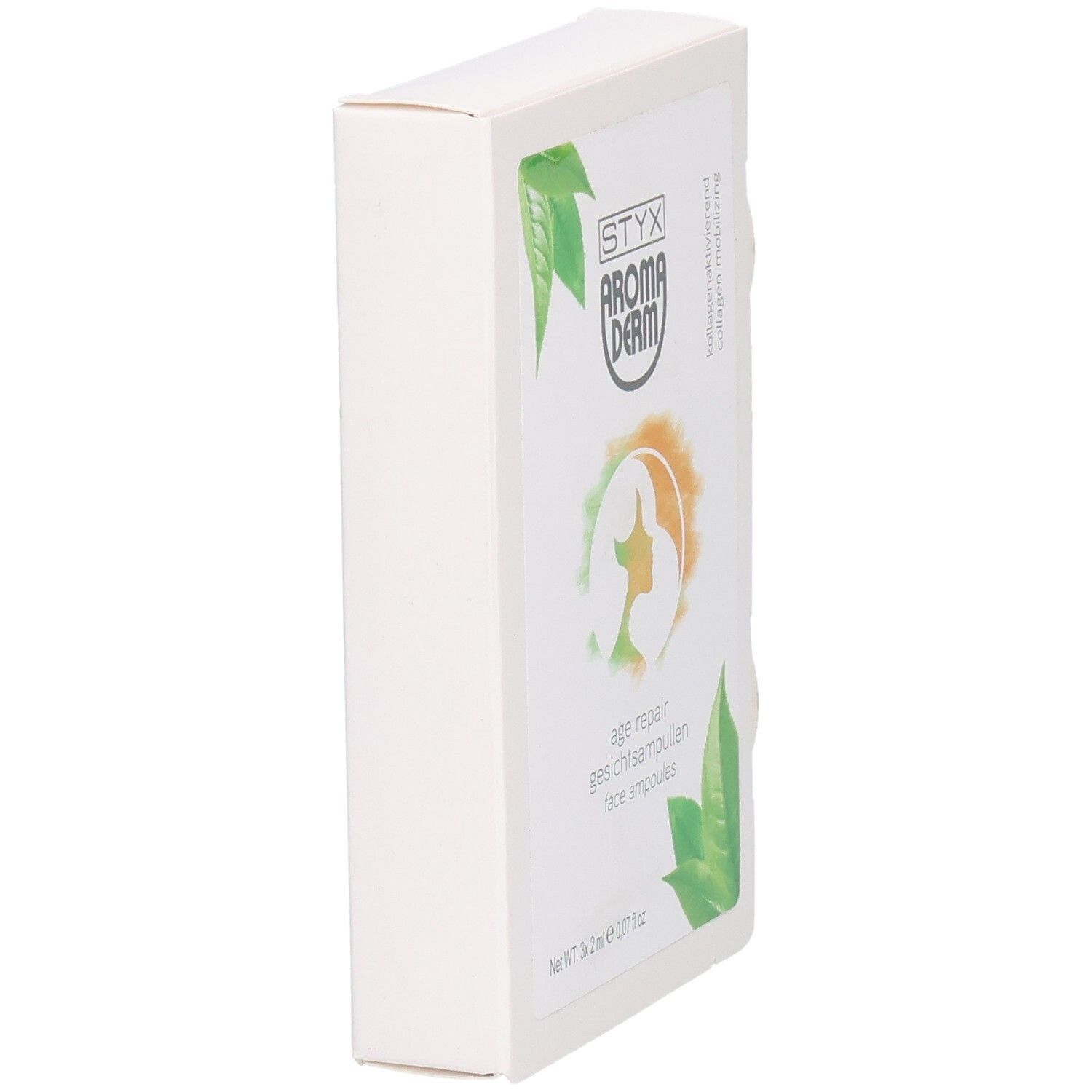 Boîte blanche, vue latérale. Logo STYX AROMADERM et "age repair gesichtsampullen" sur le devant. Design vert-orange.