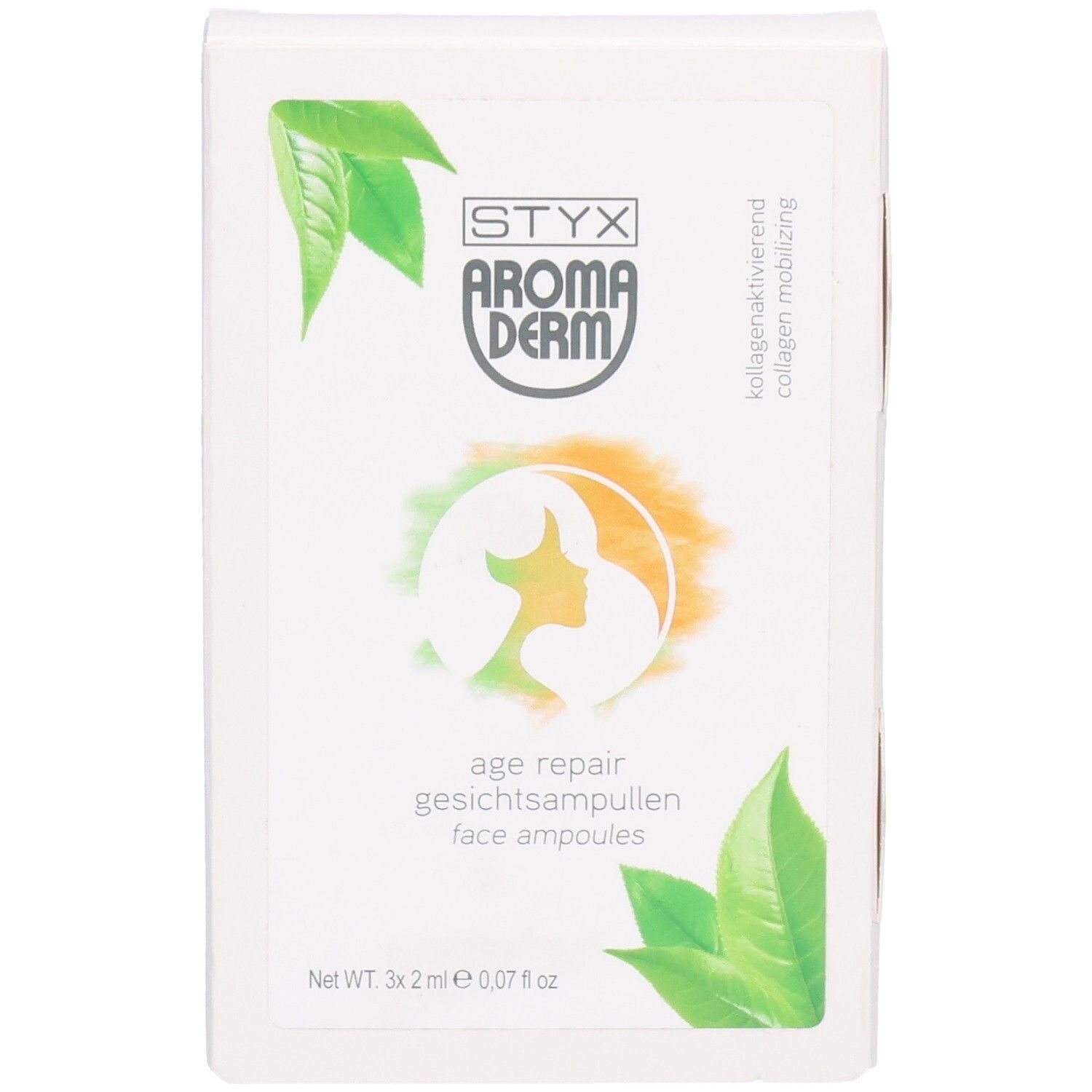 Boîte blanche avec logo STYX AROMADERM et "age repair gesichtsampullen". Design vert-orange avec des feuilles.