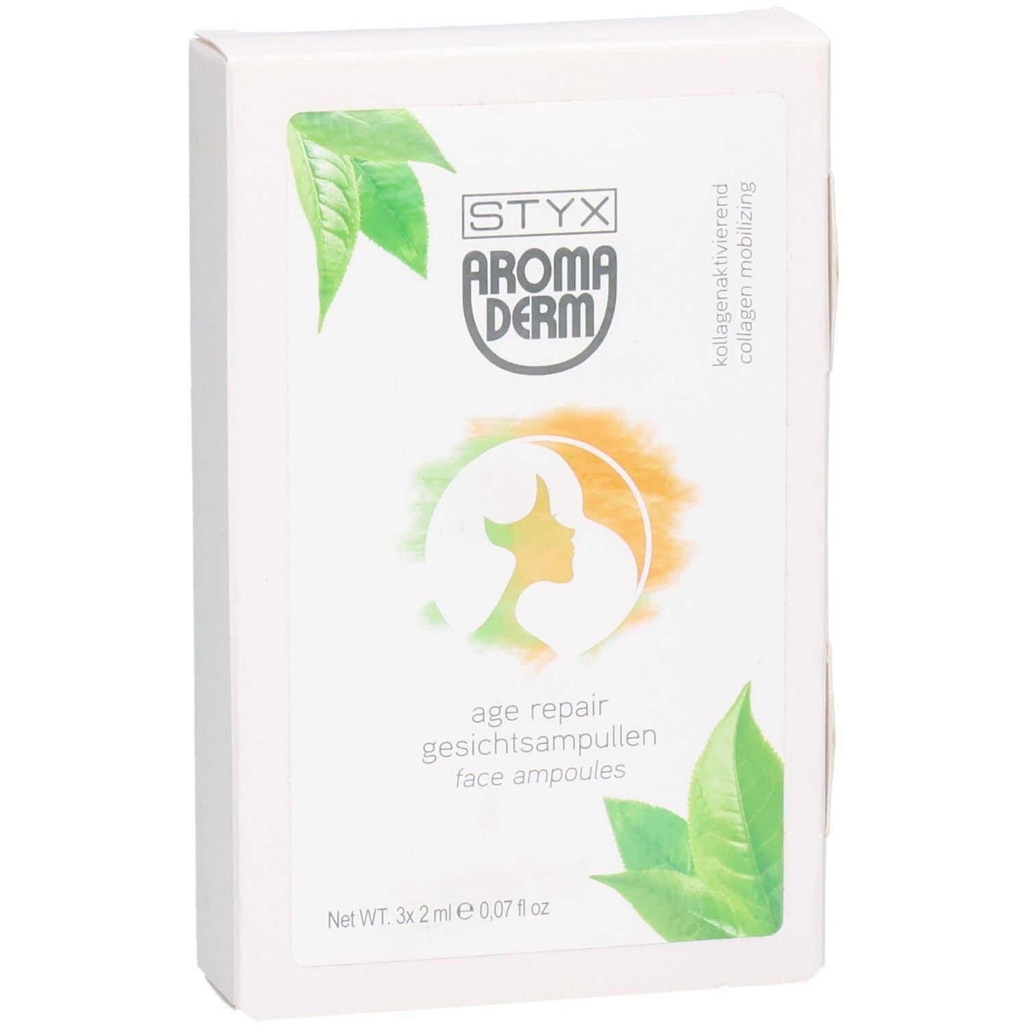 Boîte blanche avec logo STYX AROMADERM et "age repair gesichtsampullen". Design vert-orange avec des feuilles.