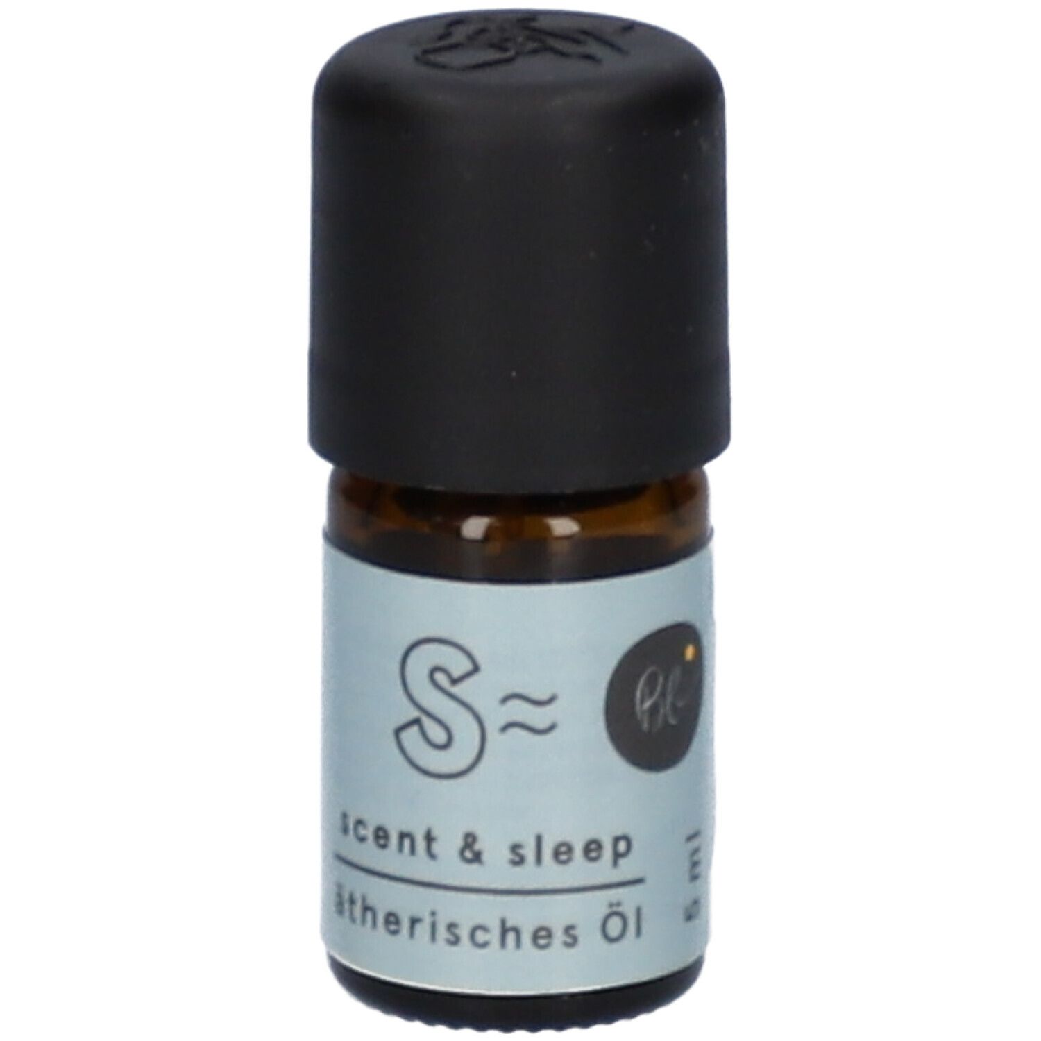 Flacon en verre brun avec bouchon noir. Étiquette "Scent & Sleep" et "ätherisches Öl".