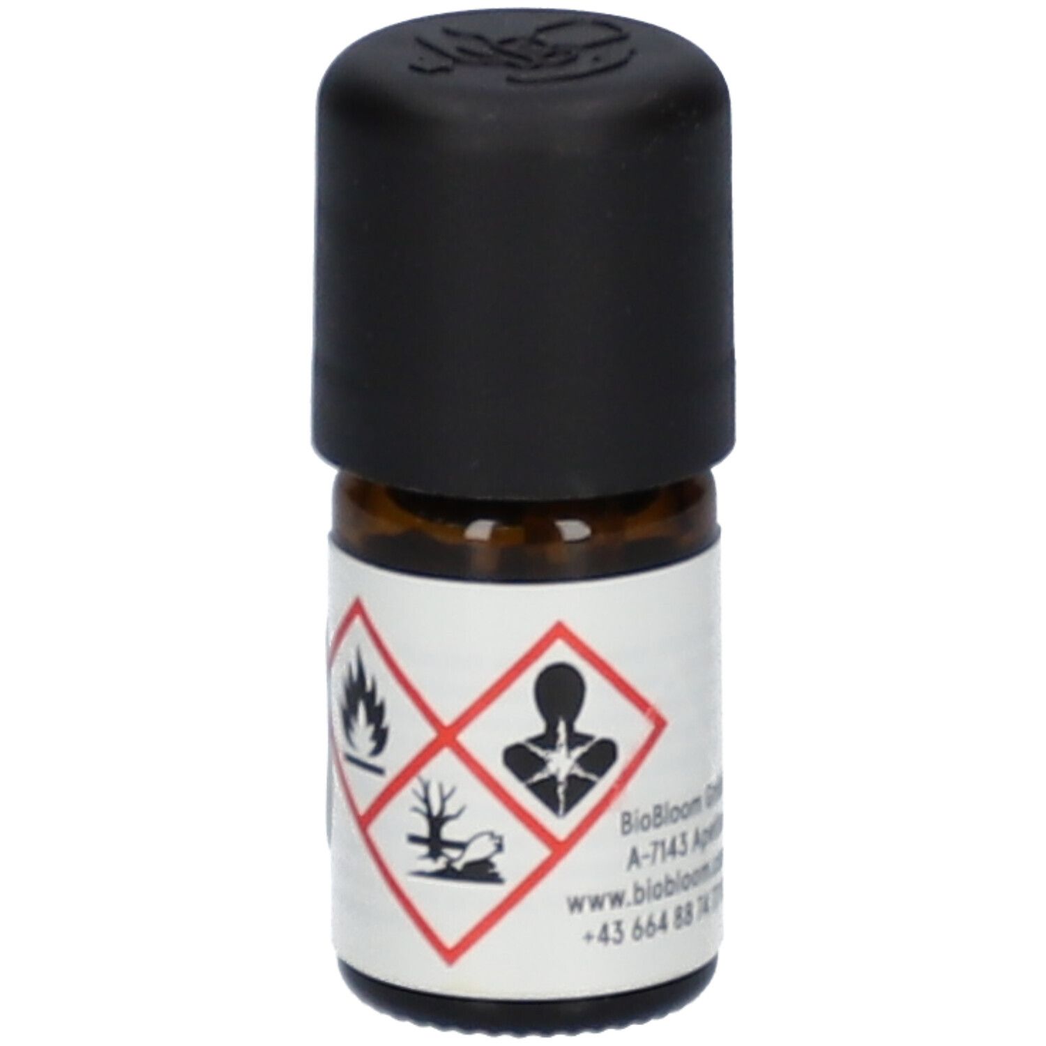 Flacon en verre brun avec bouchon noir. Étiquette avec symboles de danger.