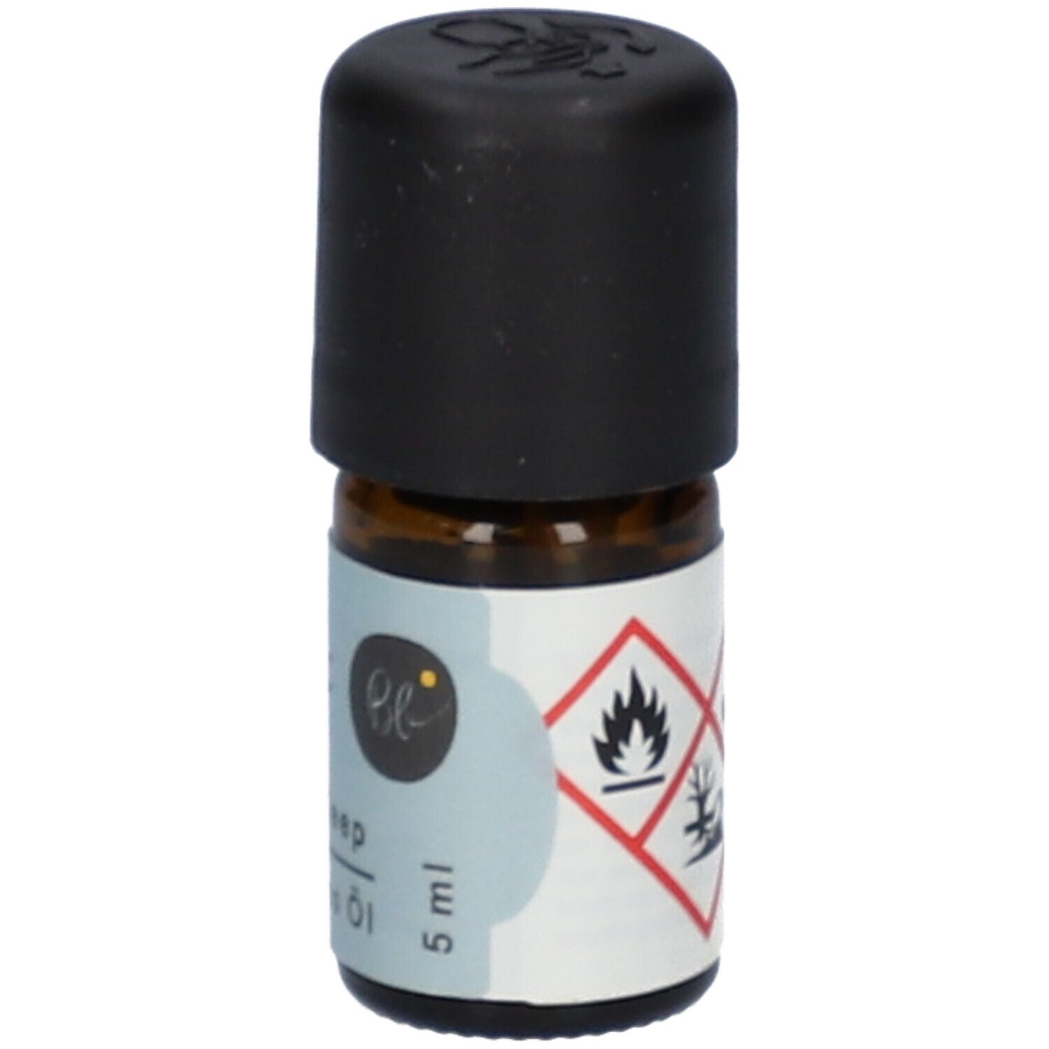 Flacon en verre brun avec bouchon noir. Étiquette "Scent & Sleep", "ätherisches Öl", 5 ml et symbole de danger.