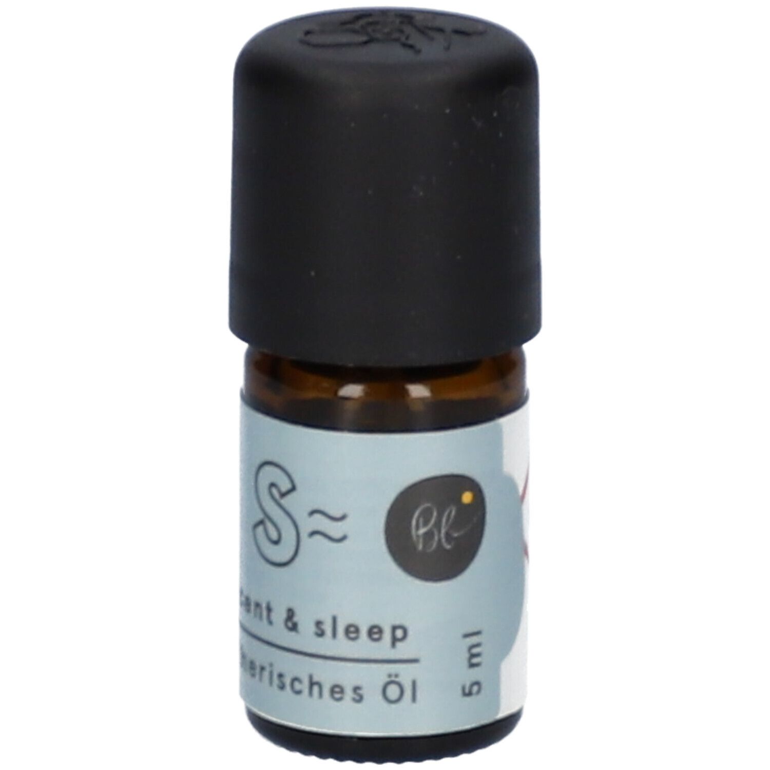 Flacon en verre brun avec bouchon noir. Étiquette "Scent & Sleep", "ätherisches Öl" et 5 ml.