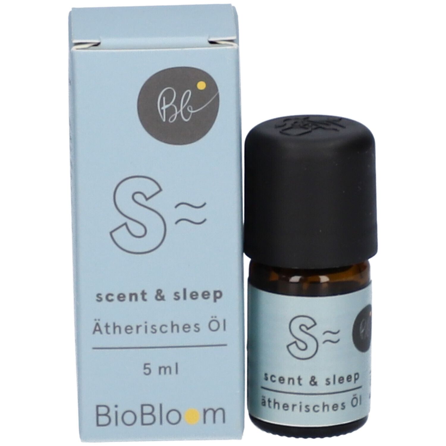 Flacon et boîte. Flacon avec bouchon noir, étiquette "Scent & Sleep". Boîte avec logo et texte.
