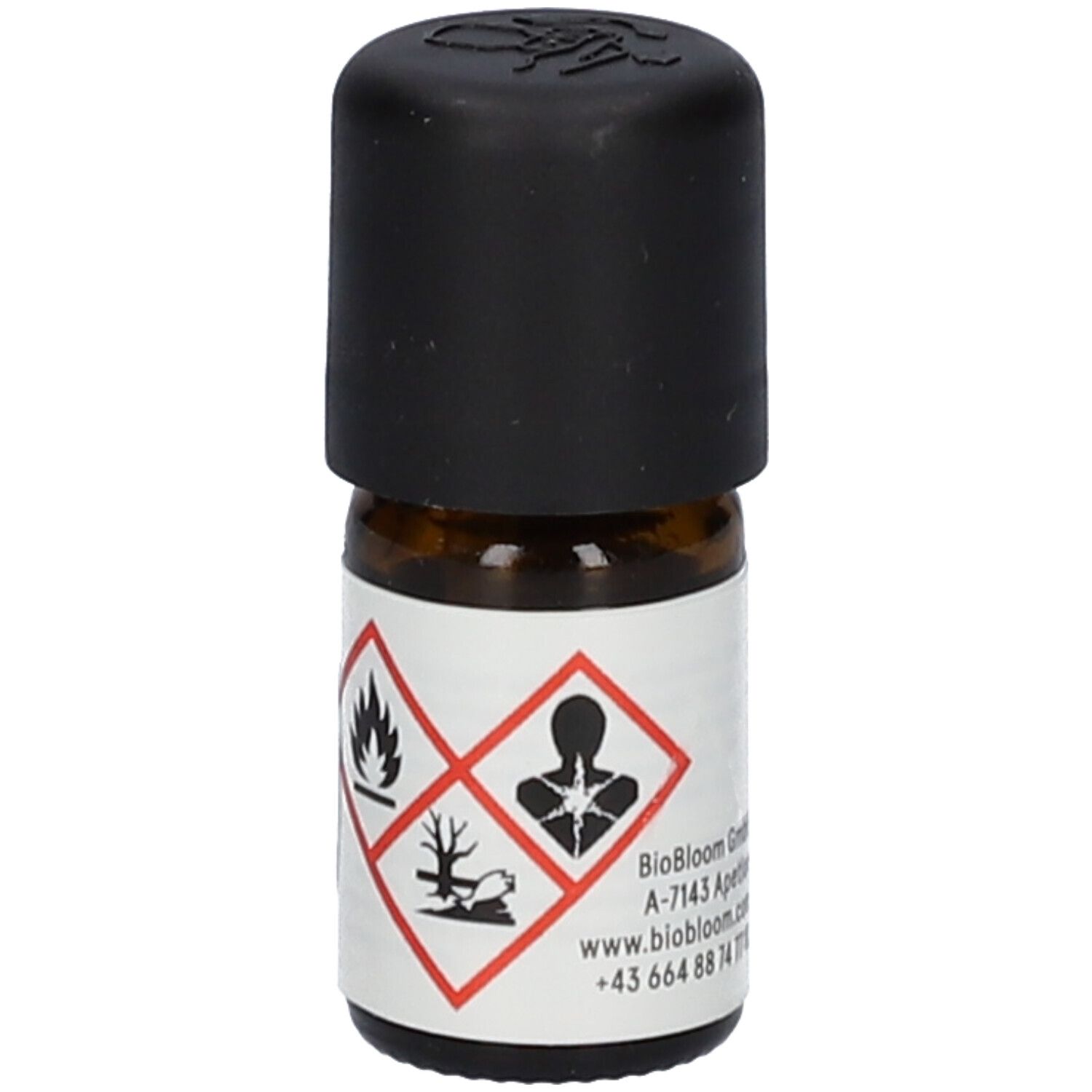 Flacon en verre brun avec bouchon noir. Étiquette avec symboles de danger. Logo.