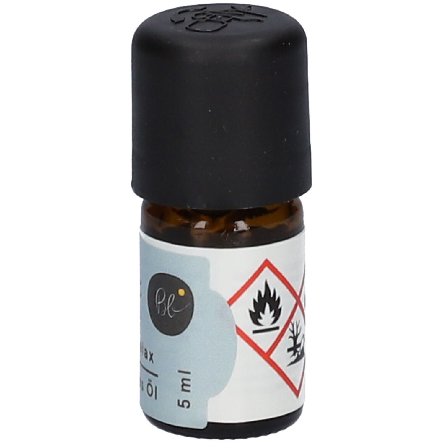 Flacon en verre brun avec bouchon noir. Étiquette avec texte, symboles de danger et 5 ml. Logo.