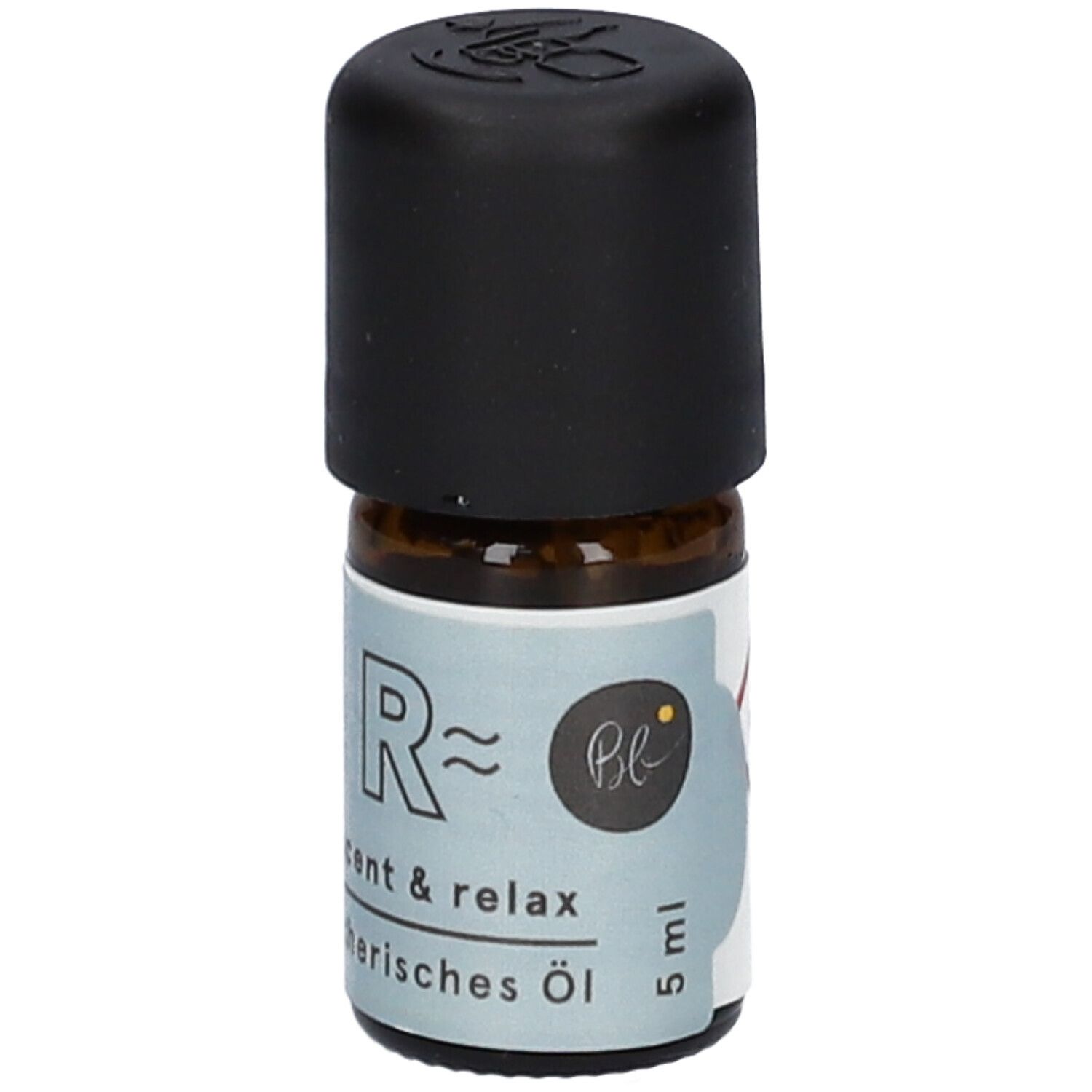 Flacon en verre brun avec bouchon noir. Étiquette avec texte et 5 ml. Logo.
