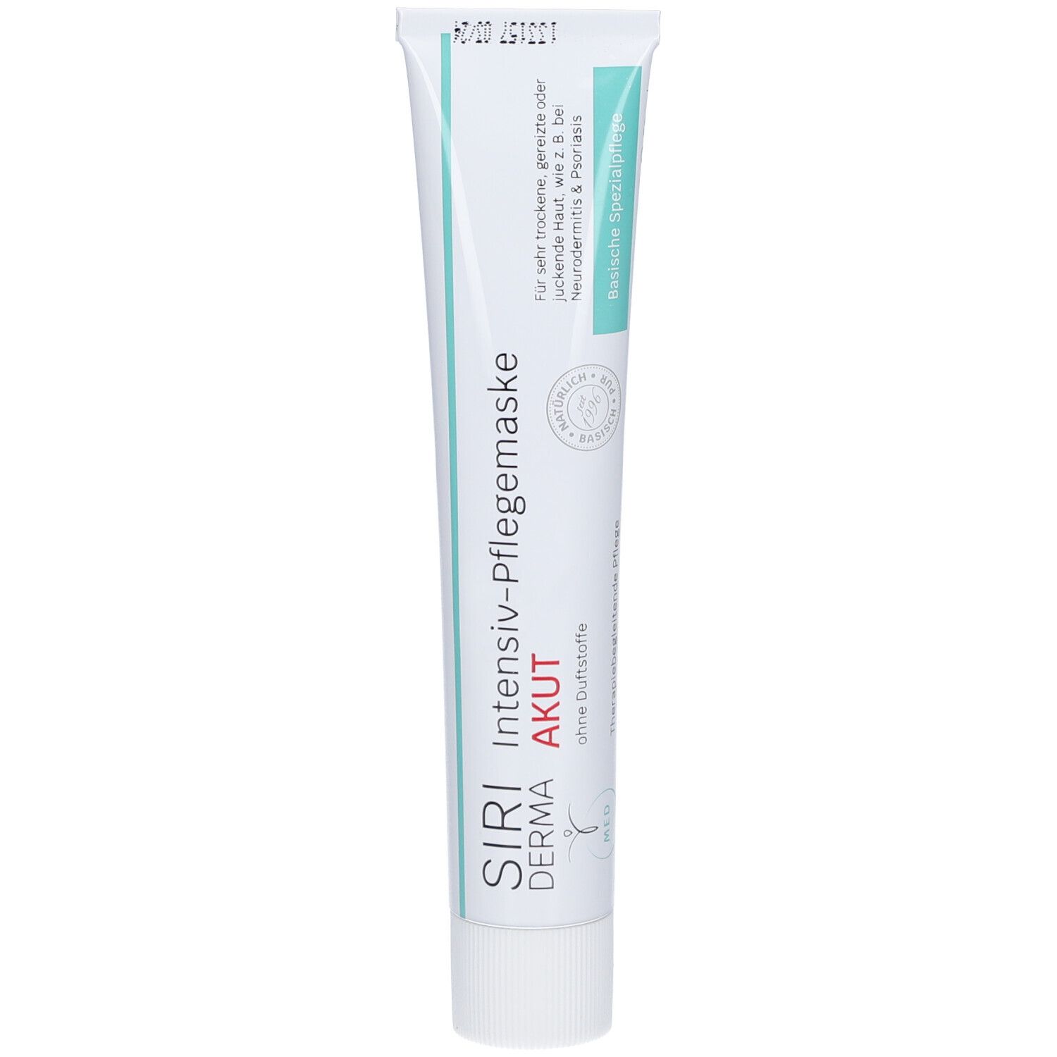 Tube SIRIDERMA Intensiv-Pflegemaske Akut, blanc avec accents turquoise. Texte : "Pour peaux très sèches, irritées ou qui démangent".
