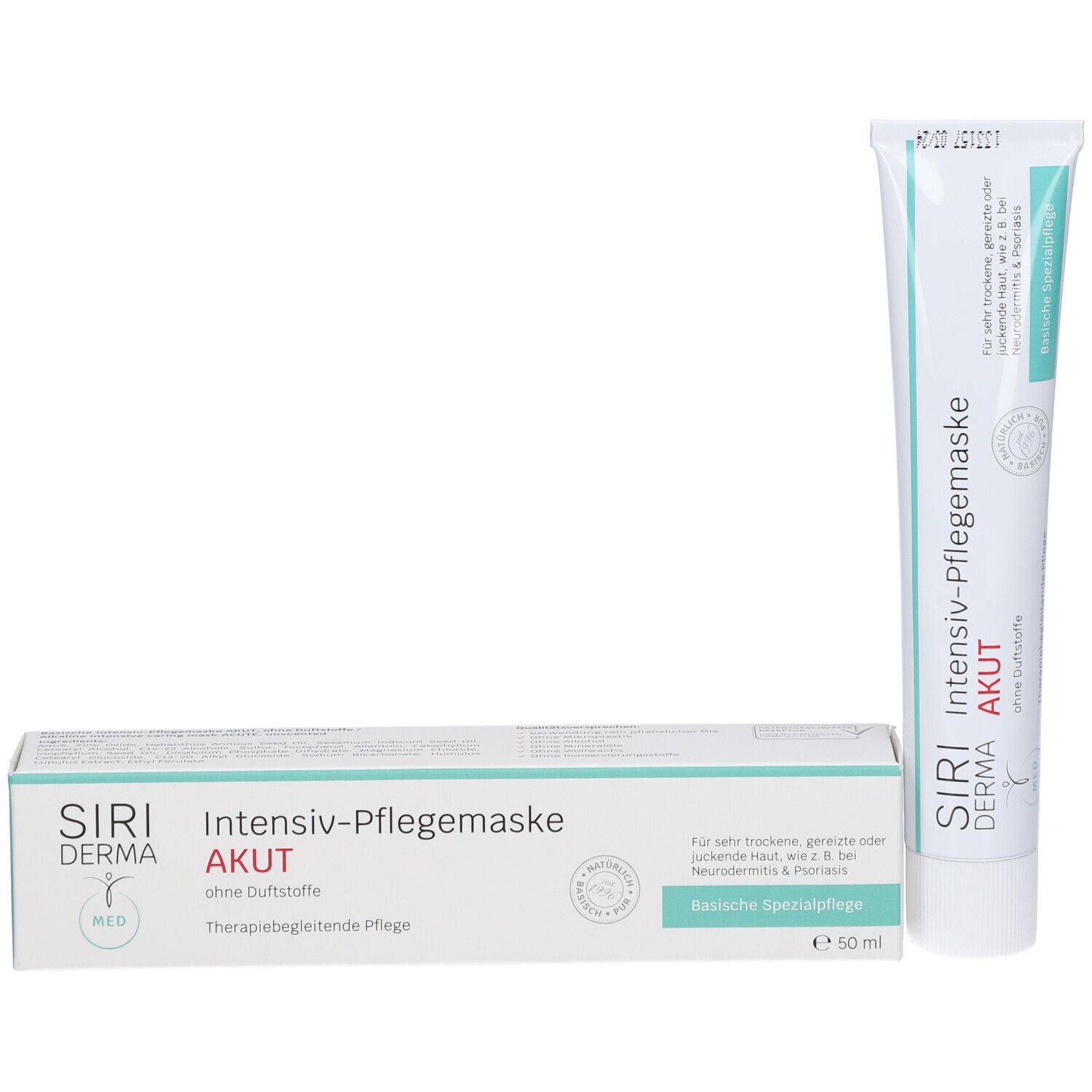 Tube et boîte SIRIDERMA Intensiv-Pflegemaske Akut. Boîte : blanc avec accents turquoise. Texte : "Soins spécialisés de base".