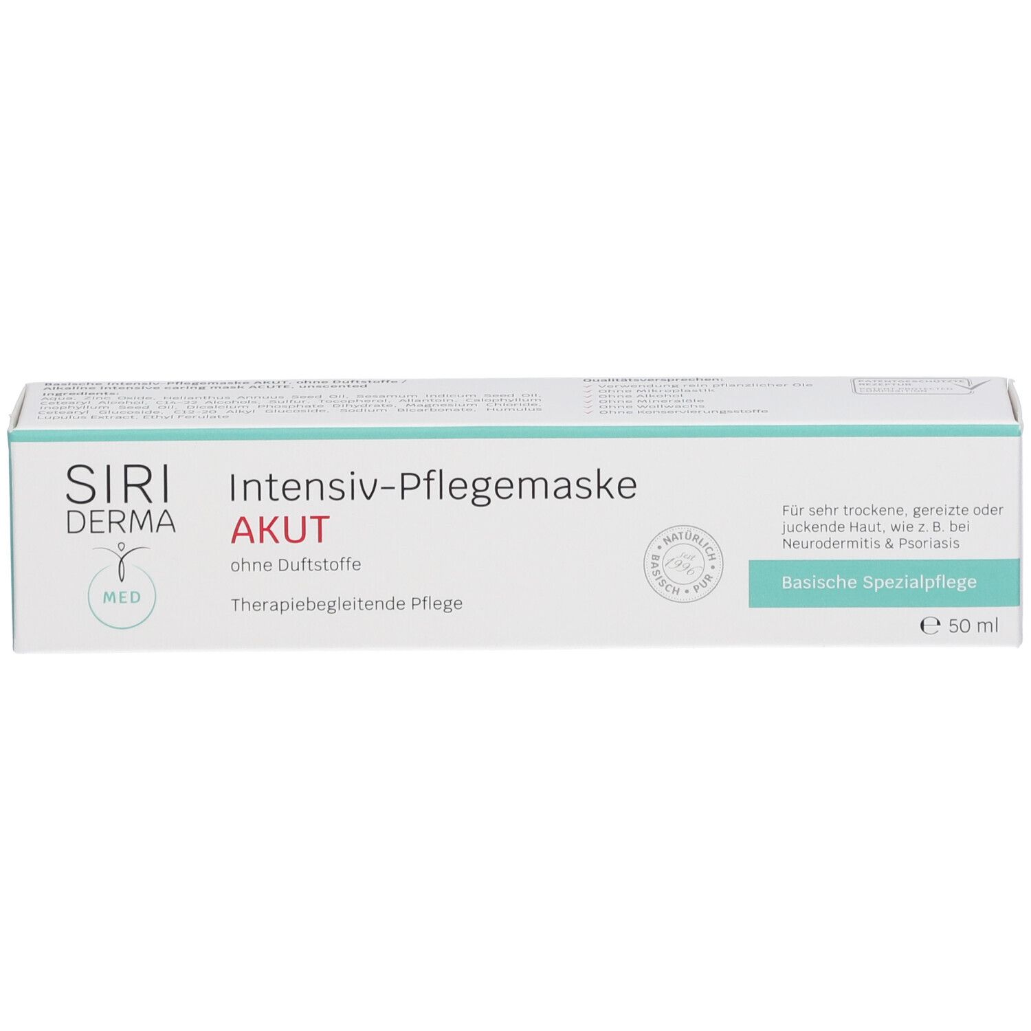 Boîte SIRIDERMA Intensiv-Pflegemaske Akut, blanc avec accents turquoise. Texte : "Soins spécialisés de base", "Soins d'accompagnement thérapeutique".