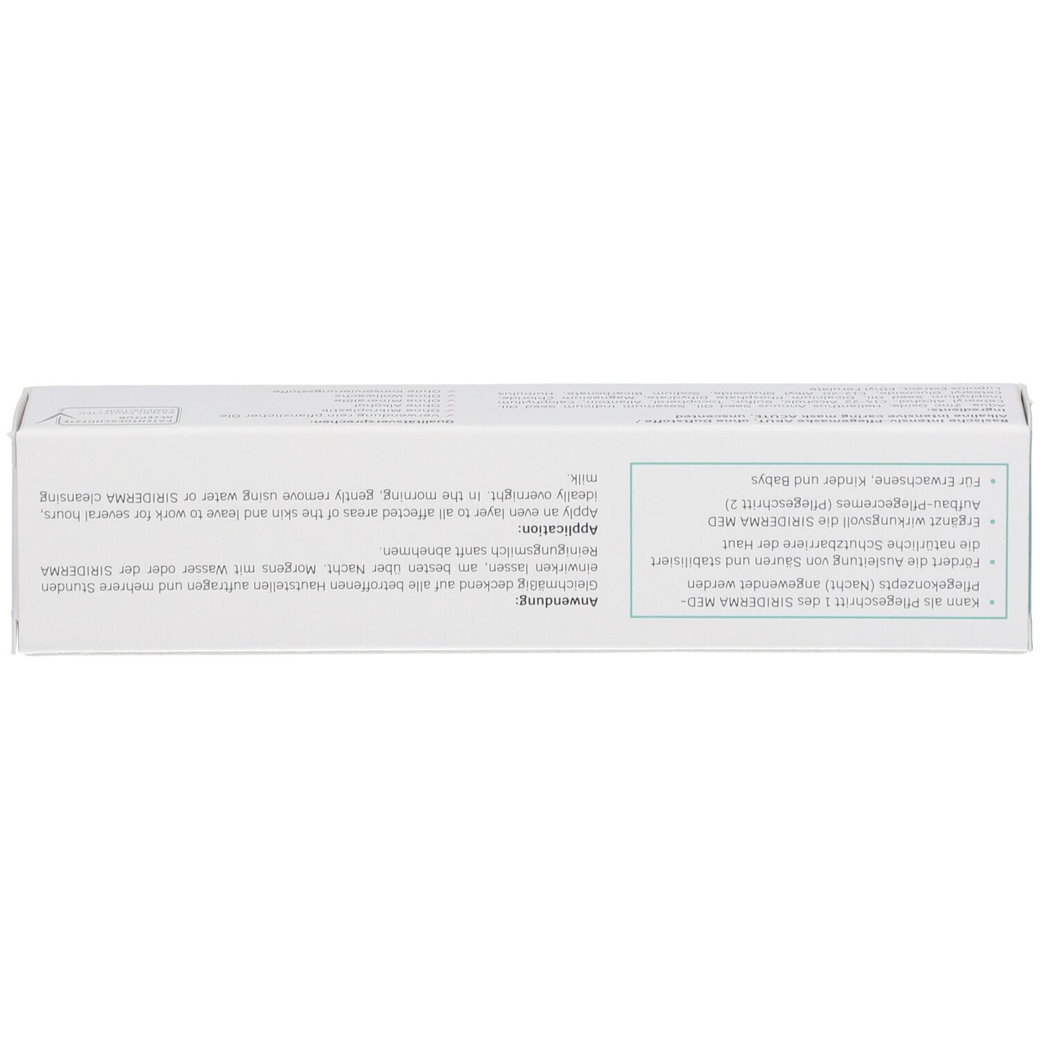 Boîte SIRIDERMA Intensiv-Pflegemaske Akut. Texte : instructions d'utilisation, ingrédients, informations fabricant.