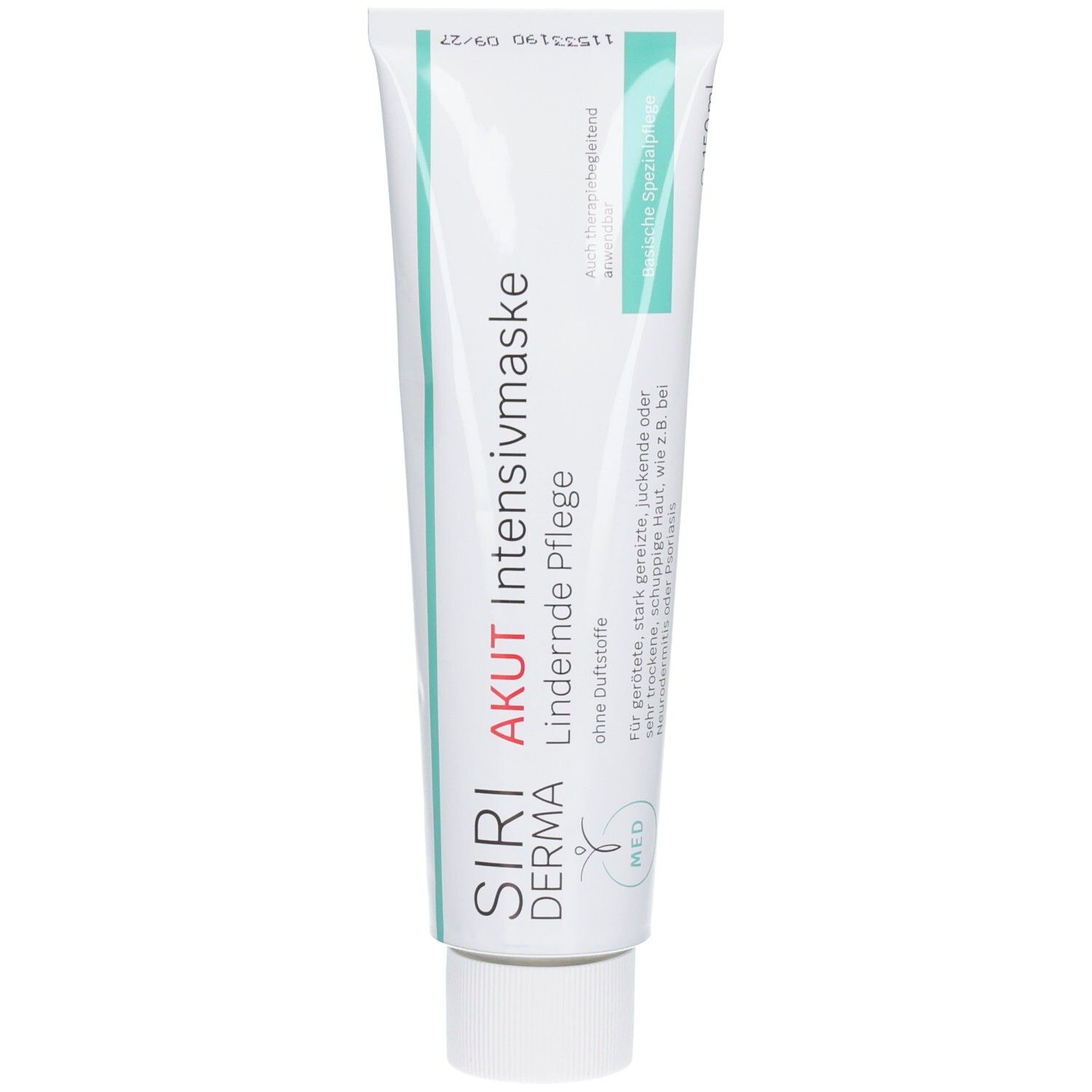Tube de SIRIDERMA Akut Intensiv-Pflegemaske. Blanc, texte bleu et vert. Contient 150ml. Sans parfum. Pour peaux irritées.