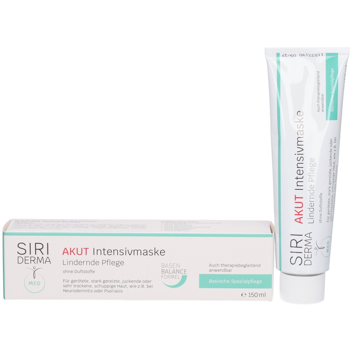 SIRIDERMA Akut Intensiv-Pflegemaske et emballage. Tube et boîte. Texte : Akut, Soin apaisant, sans parfum. 150ml.