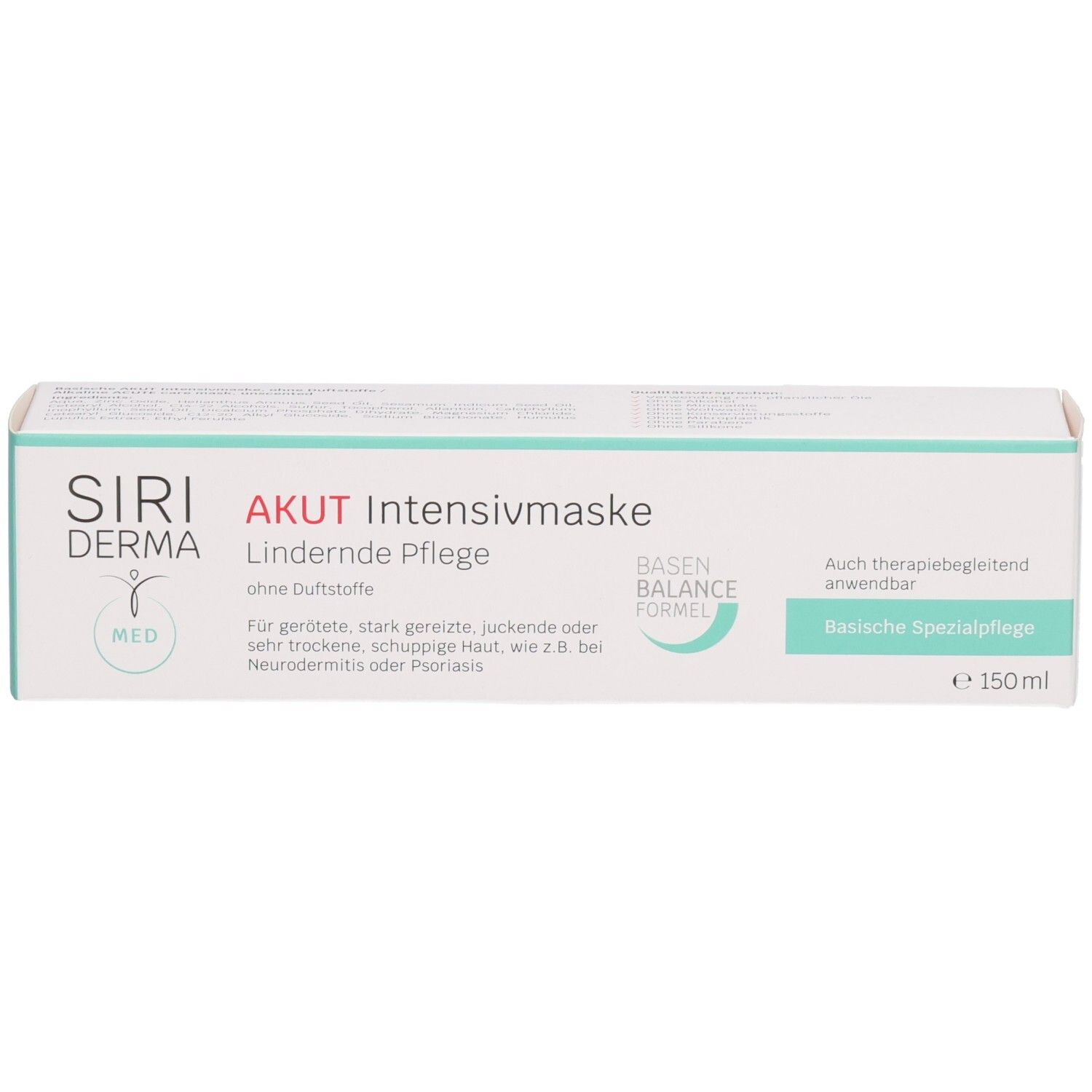 Boîte SIRIDERMA Akut Intensiv-Pflegemaske. Texte : Akut, Soin apaisant, sans parfum. Formule Basen Balance. 150ml.