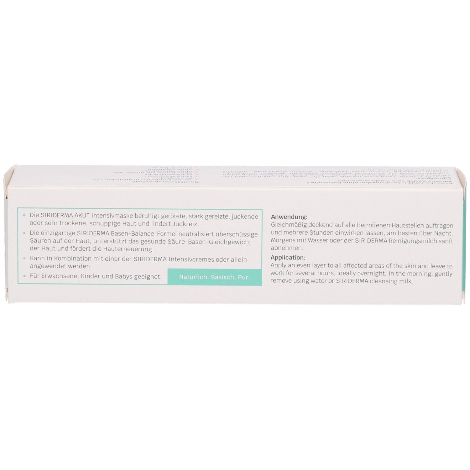 Dos de la boîte SIRIDERMA Akut Intensiv-Pflegemaske. Contient l'utilisation et d'autres informations. Texte : Naturellement. Pour adultes, enfants et bébés.