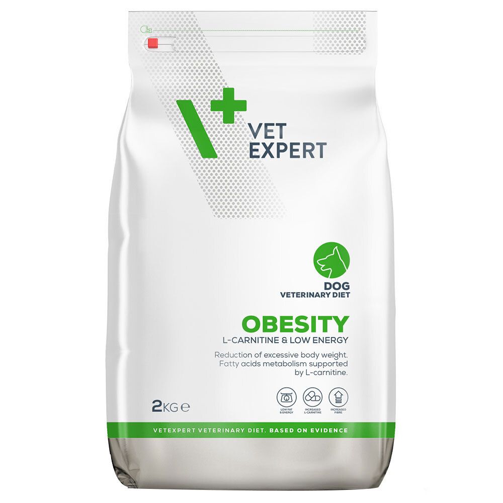 Sac blanc avec détails verts. Inscriptions: VET EXPERT, OBESITY, 2kg. Pour chiens. Réduit l'excès de poids.