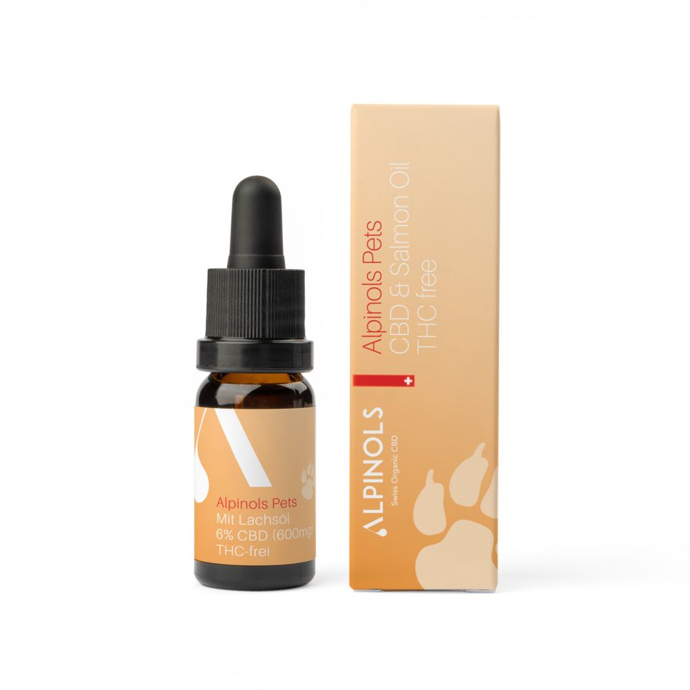 Flacon en verre brun avec compte-gouttes noir et boîte. Inscription : ALPINOLS Pets, huile de CBD, sans THC.
