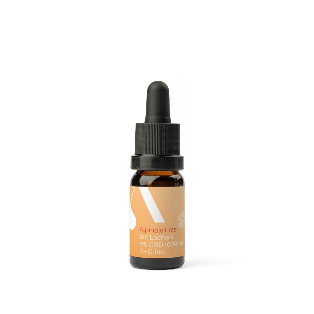 Flacon en verre brun avec compte-gouttes noir. Inscription : ALPINOLS Pets, huile de CBD, sans THC.