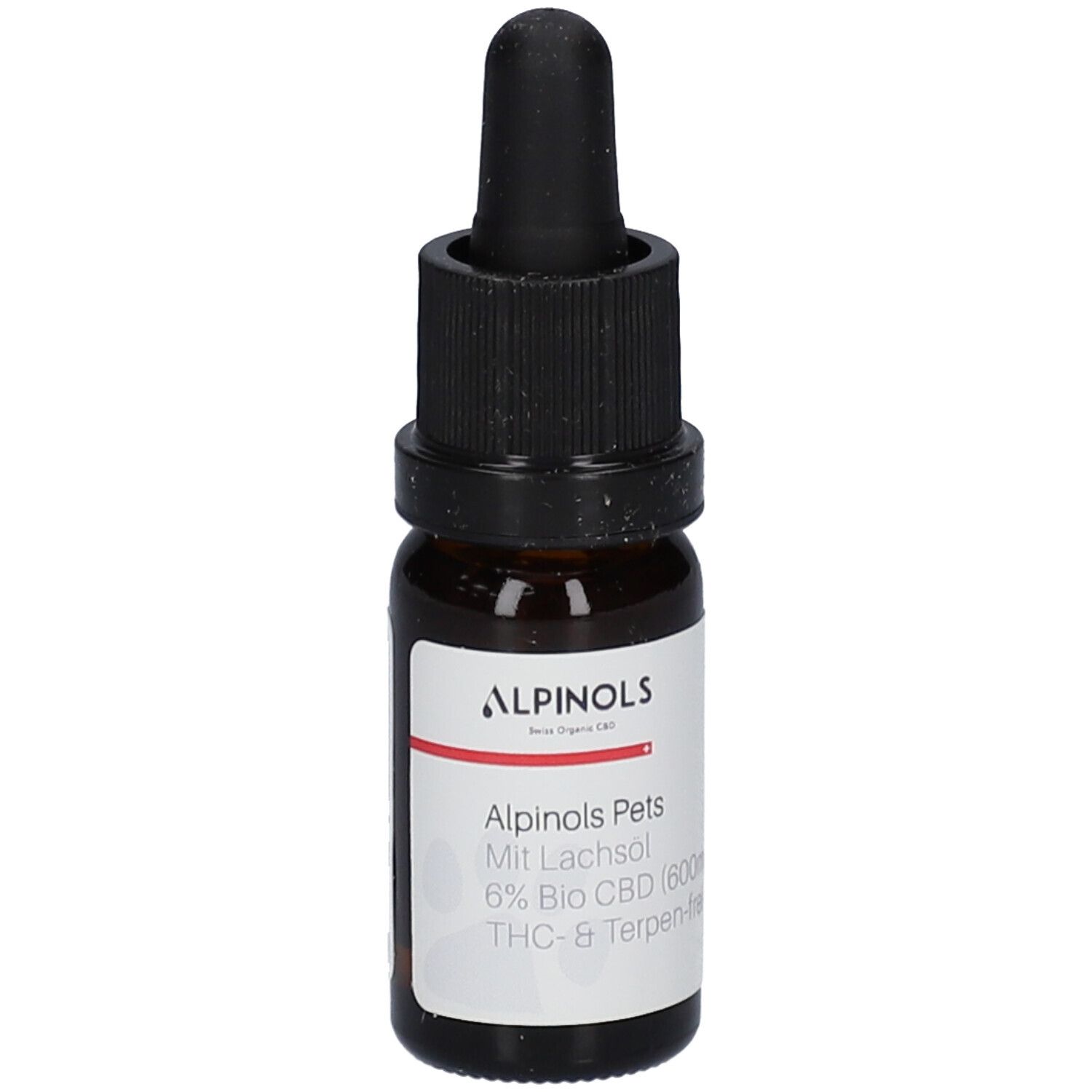 Flacon en verre brun avec compte-gouttes noir. Étiquette avec informations produit: ALPINOLS Pets, 6% Bio CBD.