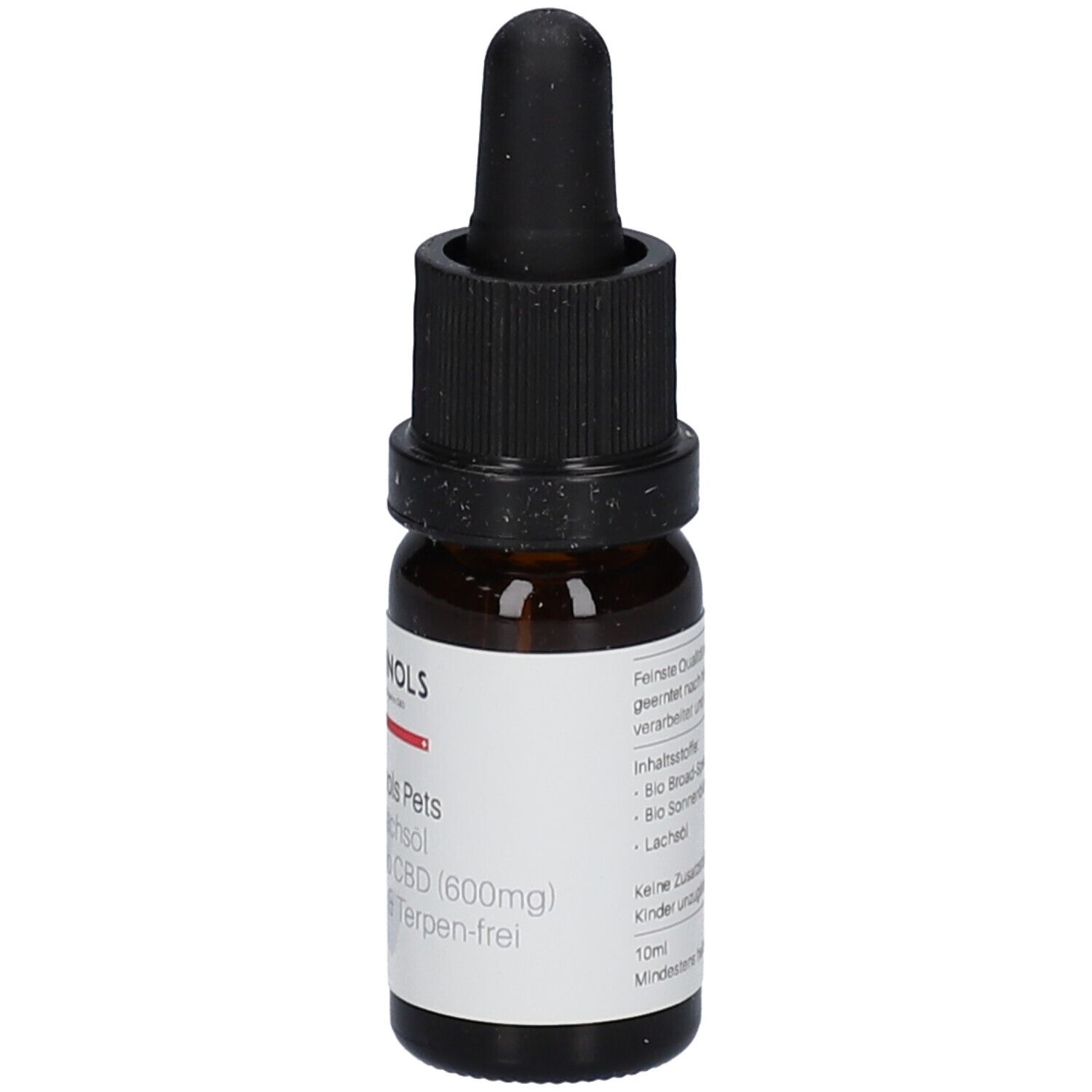 Flacon en verre brun avec compte-gouttes noir. Étiquette avec informations produit: ALPINOLS Pets, 6% Bio CBD.