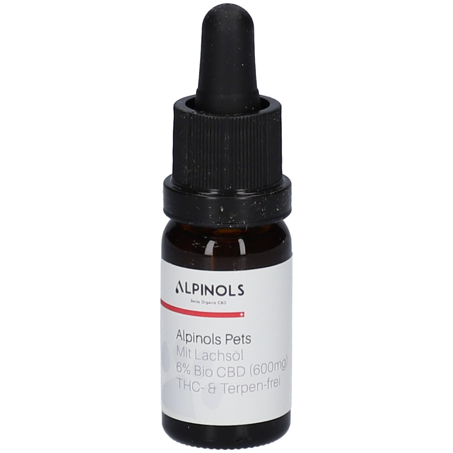 Flacon en verre brun avec compte-gouttes noir. Étiquette avec informations produit: ALPINOLS Pets, 6% Bio CBD.