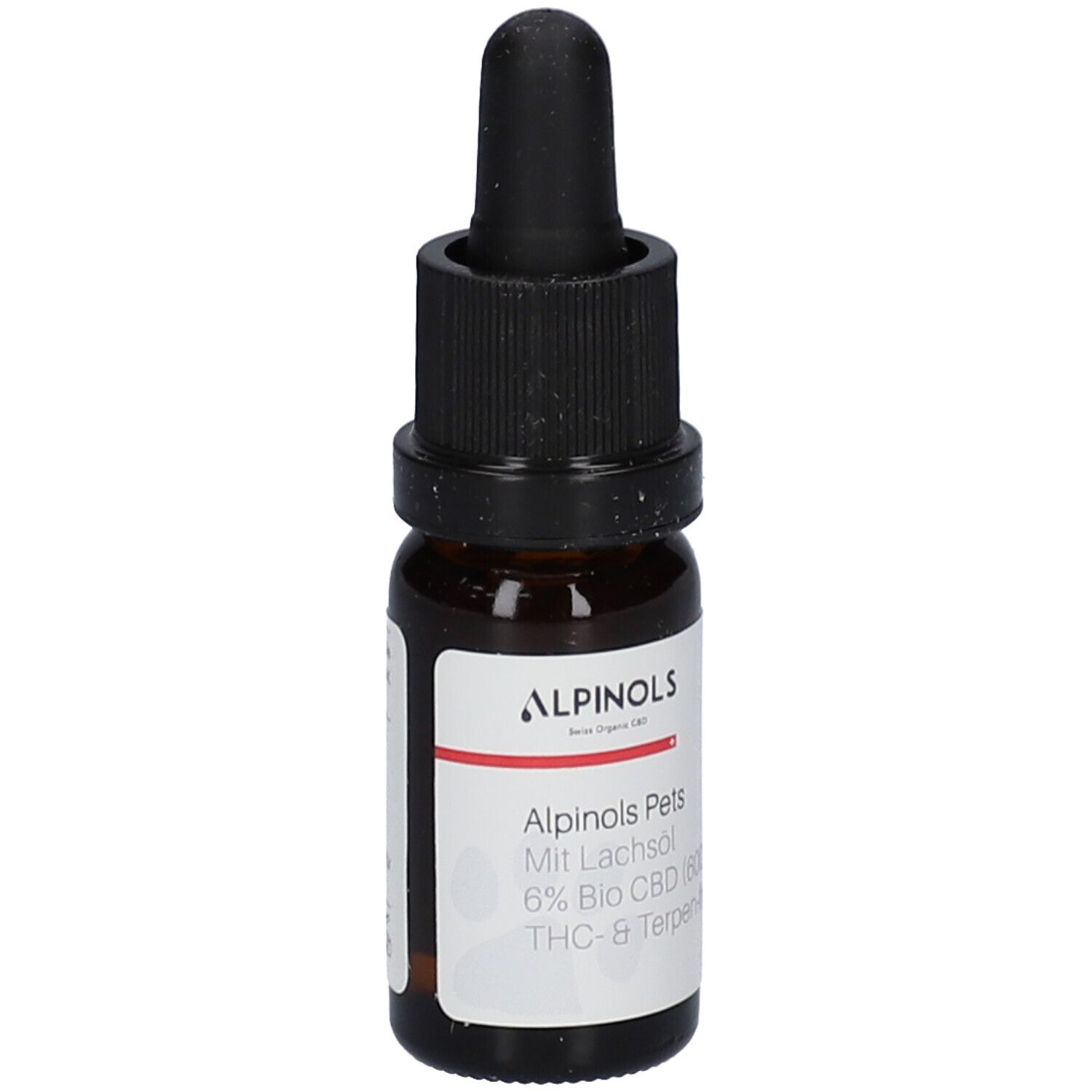 Flacon en verre brun avec compte-gouttes noir. Étiquette avec informations produit: ALPINOLS Pets, 6% Bio CBD.
