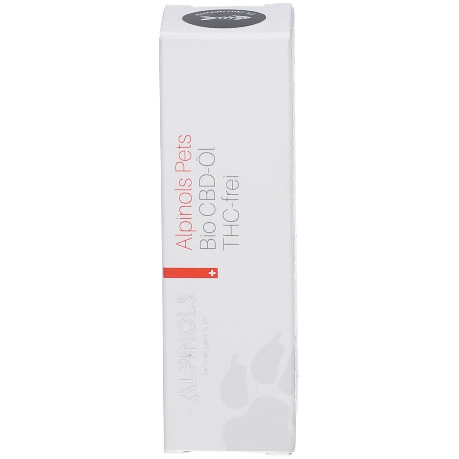 Boîte avec nom du produit et logo. Blanc avec bande rouge et empreinte de patte.