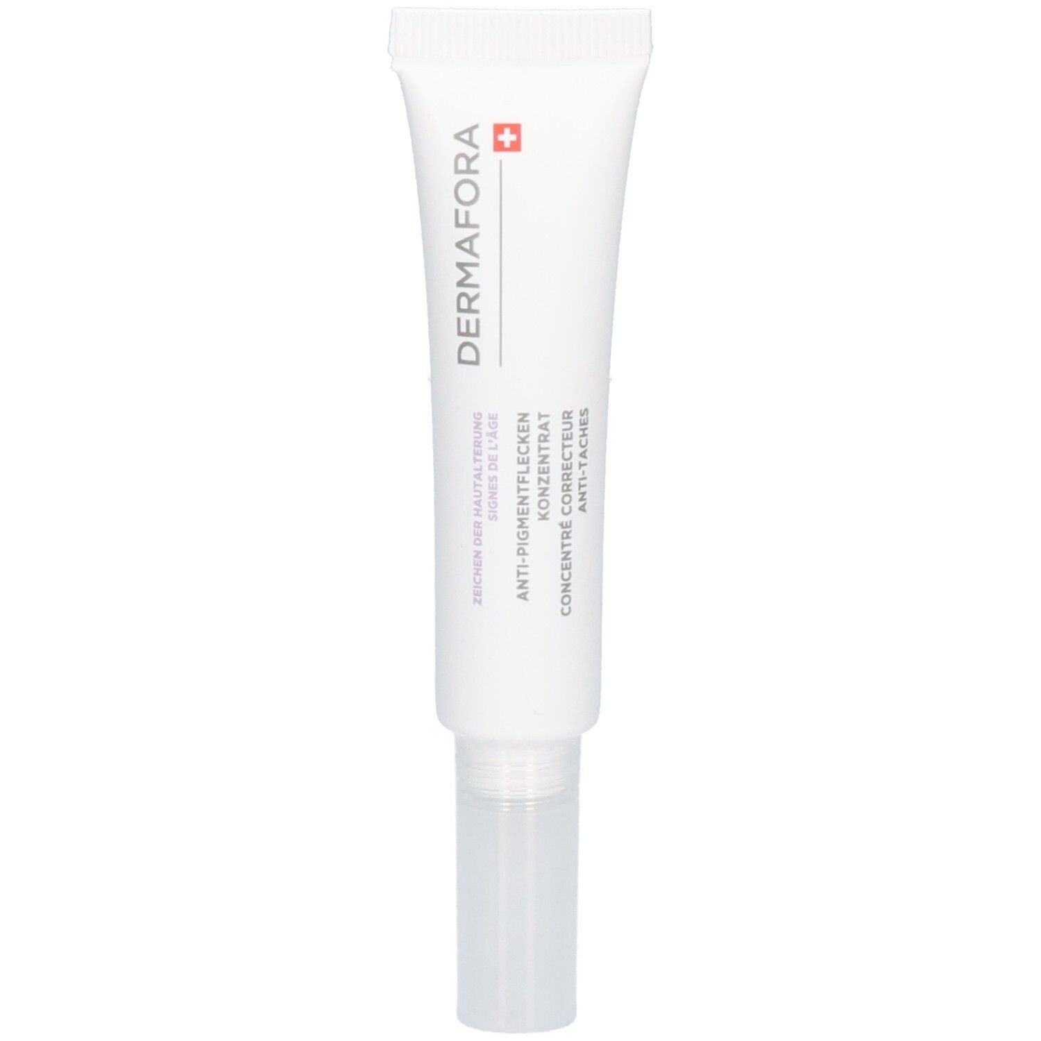 Tube blanc avec logo "Dermafora" et nom du produit. Croix suisse. Concentré anti-taches.