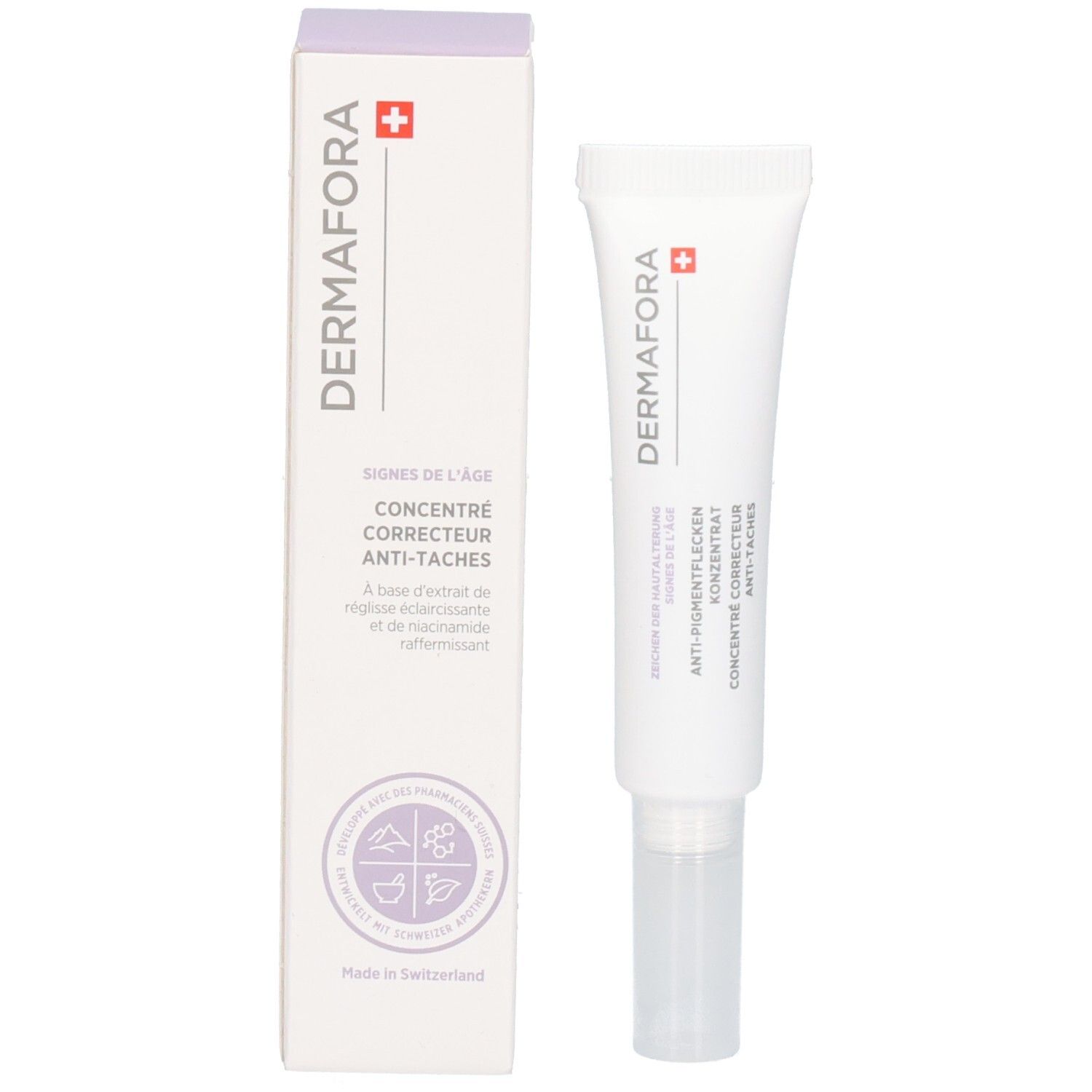 Emballage du produit avec tube. Logo "Dermafora", croix suisse. Concentré anti-taches. Blanc et violet.