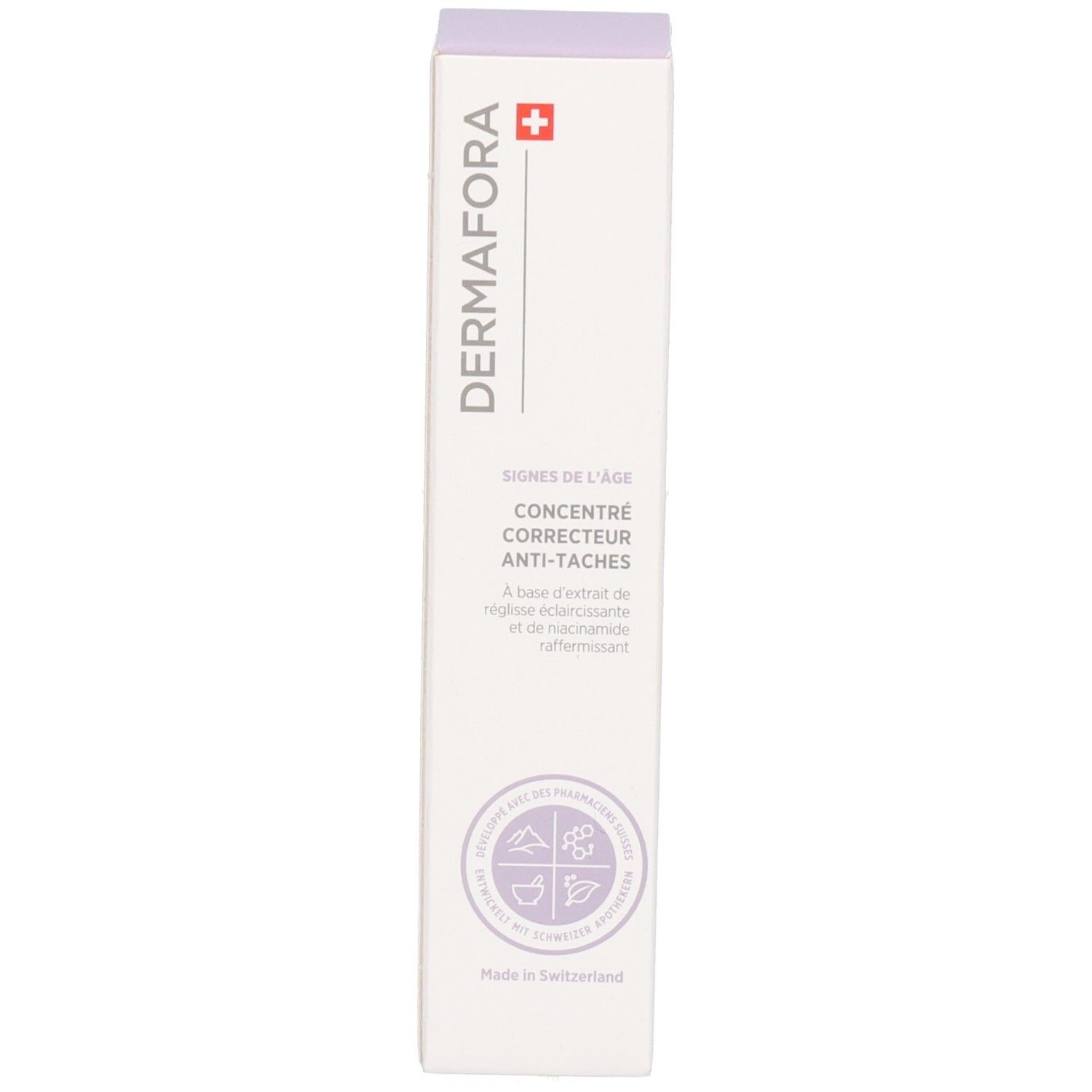 Emballage du produit debout. Logo "Dermafora", croix suisse. Violet et blanc. Texte sur le produit.