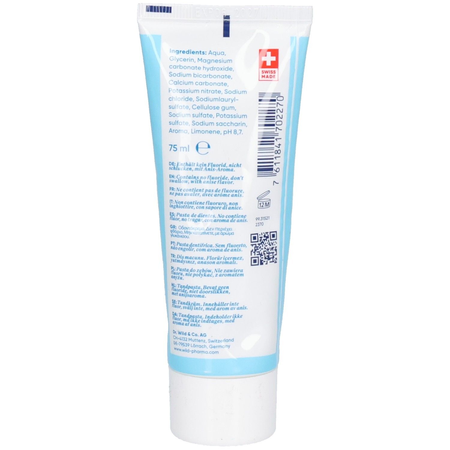 Dos du tube de dentifrice EMOFORM® Pure & Fresh. Ingrédients, croix suisse, texte. 75 ml. Code QR.