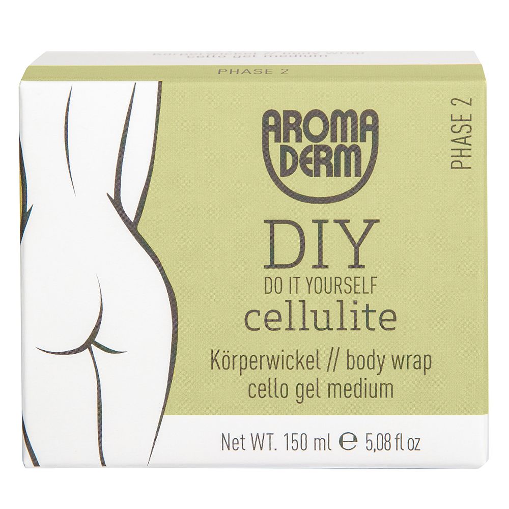 AROMADERM DIY Cellulite Cello Gel Medium Phase 2. Boîte avec illustration et texte. Vert et blanc. Net 150 ml.