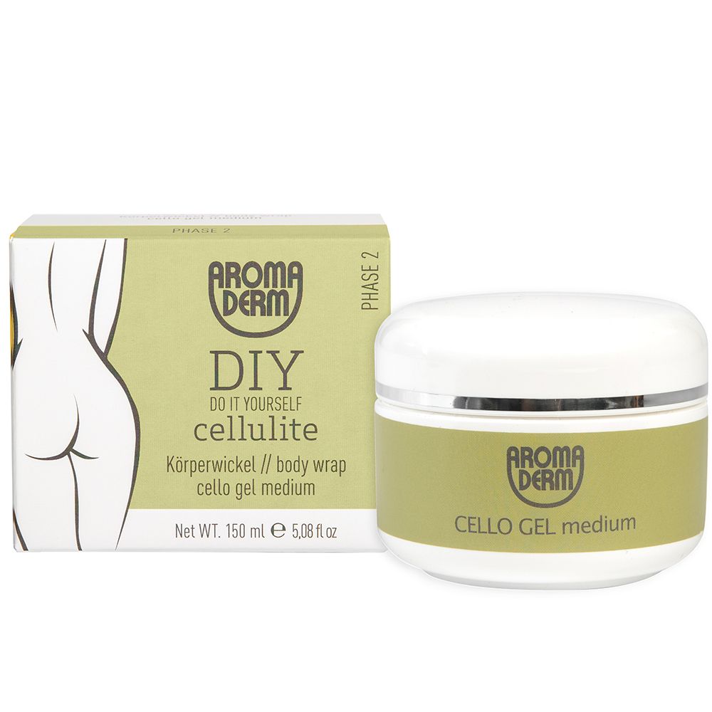 AROMADERM Cello Gel medium. Pot blanc avec étiquette verte. À côté, l'emballage. Net 150 ml.