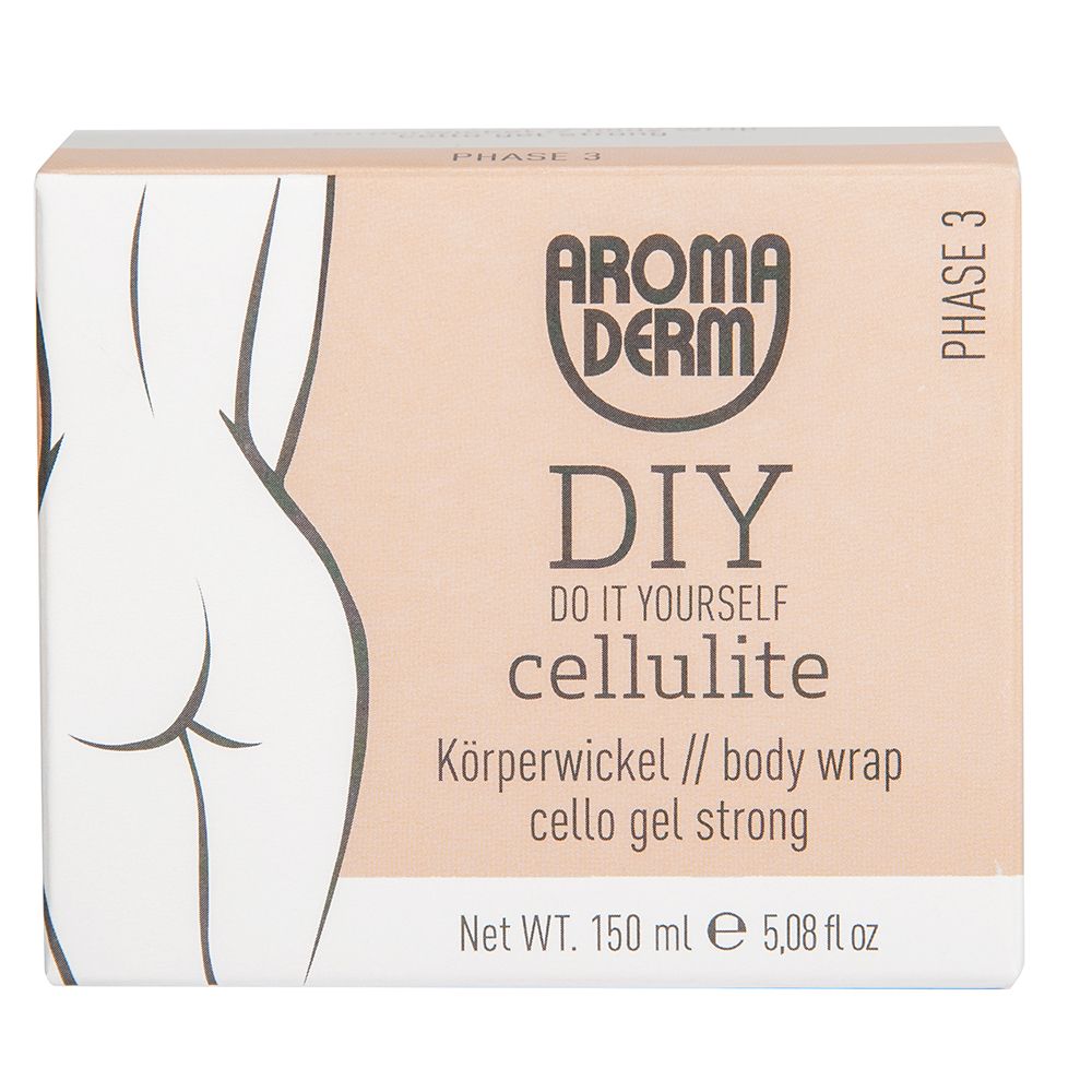 Boîte avec impression. Logo, nom du produit, DIY Cellulite, enveloppement corporel. Illustration d'une femme de dos. Contenu net 150 ml.