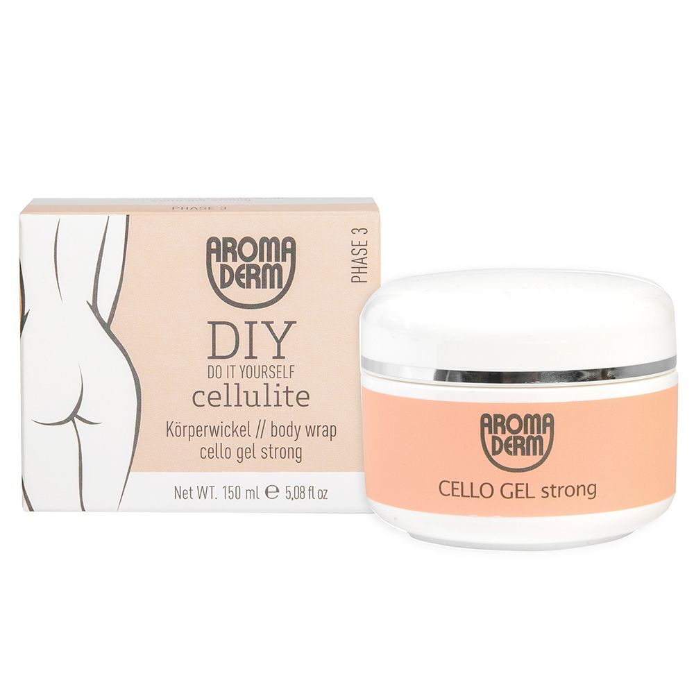 Emballage et pot. Logo, nom du produit, DIY Cellulite, enveloppement corporel. Pot avec étiquette rose, nom du produit. Contenu net 150 ml.