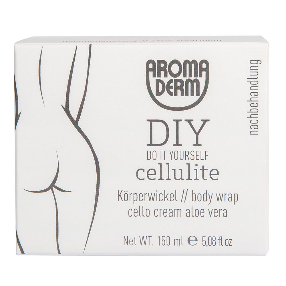 Boîte blanche avec logo AROMADERM, texte DIY Cellulite et contour de fesses. Contient 150 ml.