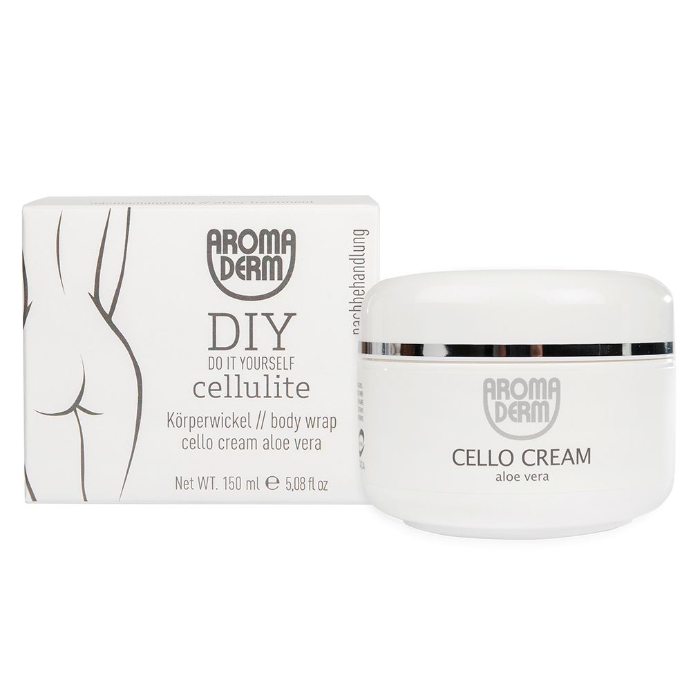 Pot de crème blanc et emballage avec logo AROMADERM et texte DIY Cellulite. Pot avec inscription Cello Cream.