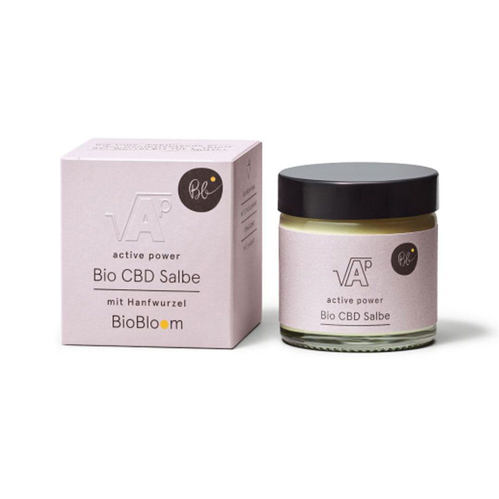Pot de crème avec couvercle noir et boîte. Inscription : Bio CBD Salbe mit Hanfwurzel. Logo.