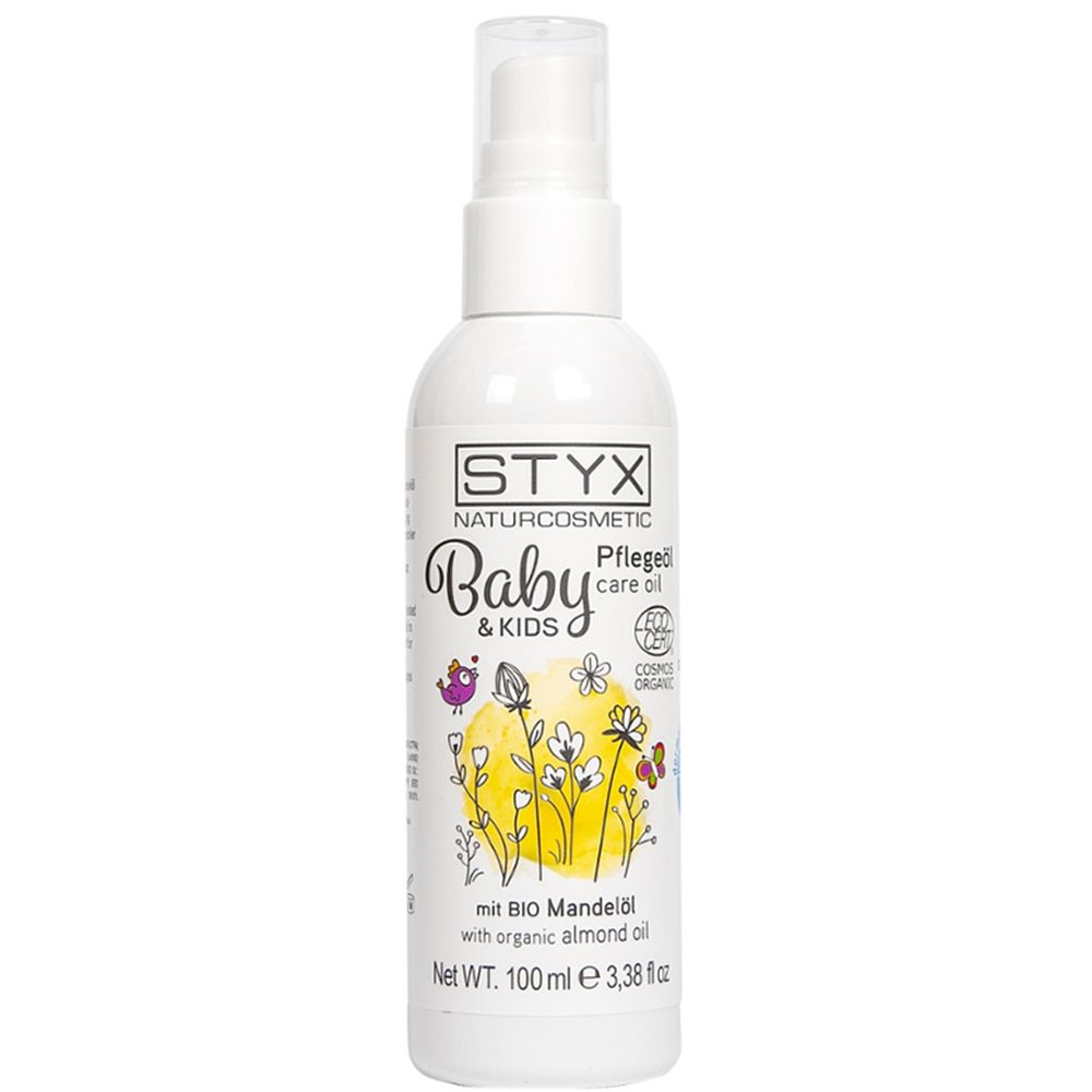 Flacon blanc STYX Baby & Kids Pflegeöl. Inscriptions: Baby & Kids, Bio Mandelöl, COSMOS ORGANIC.
